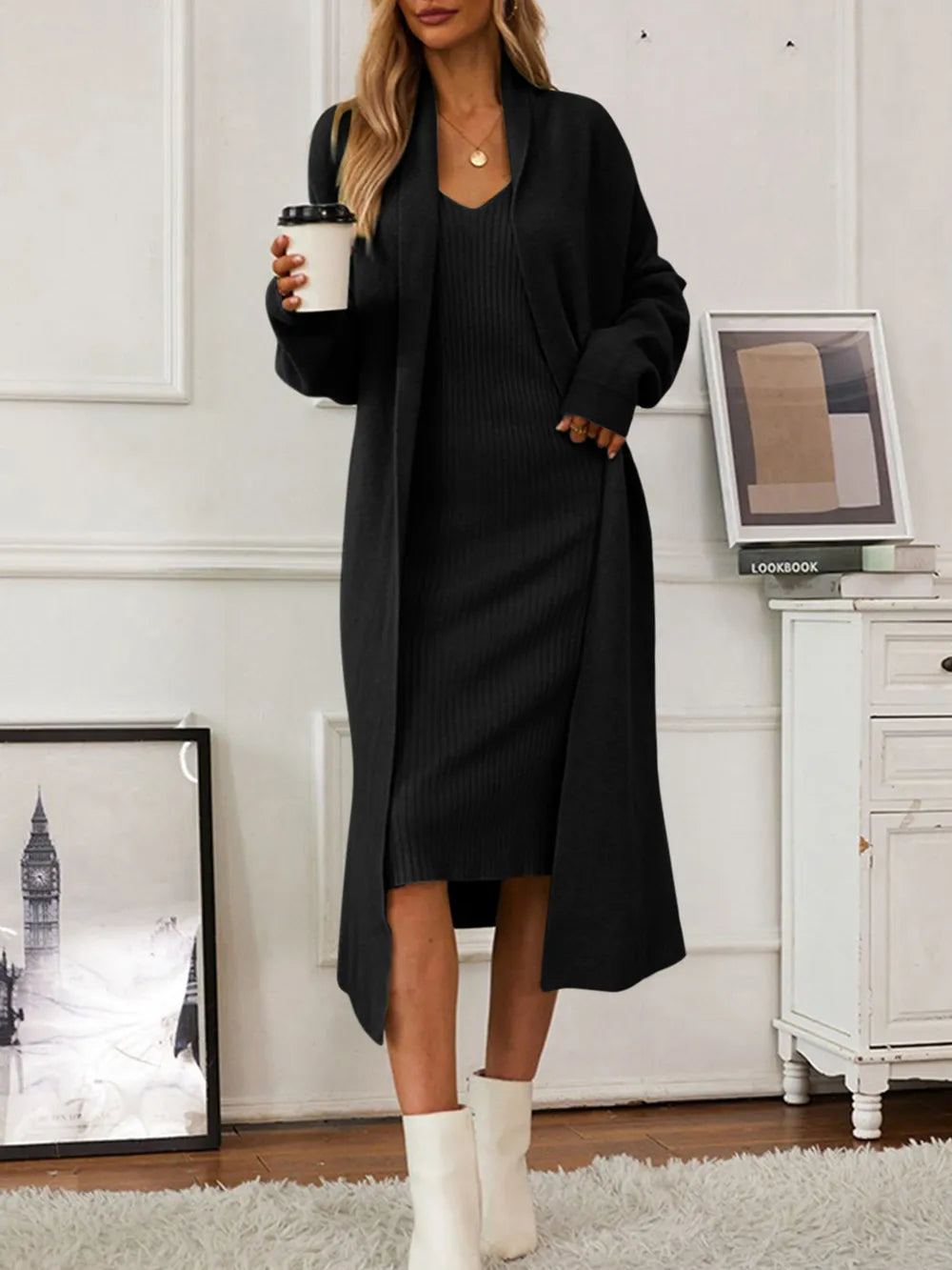 V-Neck Cami Dress and Open Front Cardigan Sweater Set Black One Size Easy Apparels
