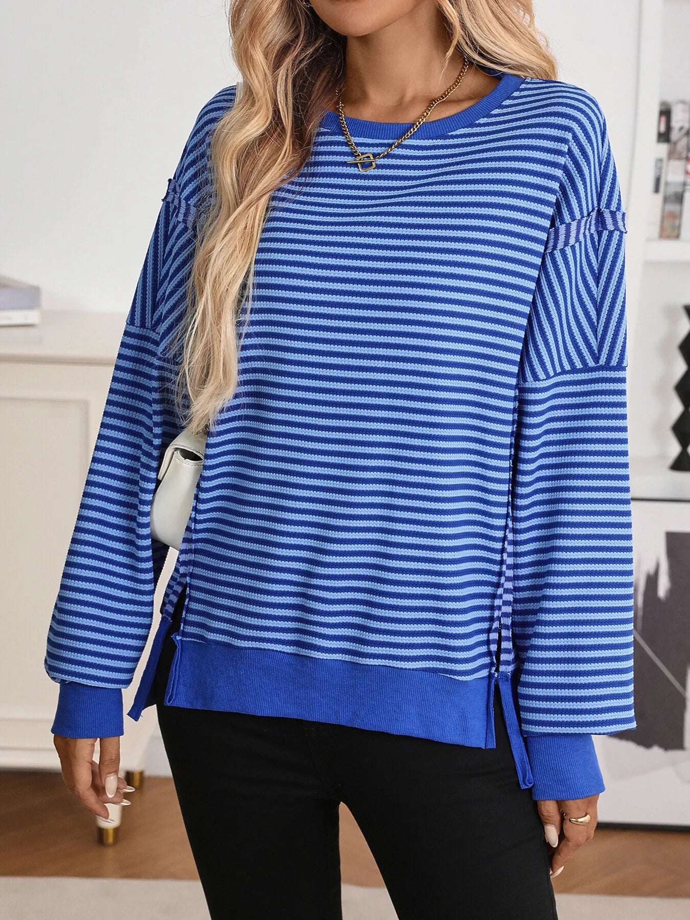 Trendsi Exposed Seam Striped Contrast Sweatshirt