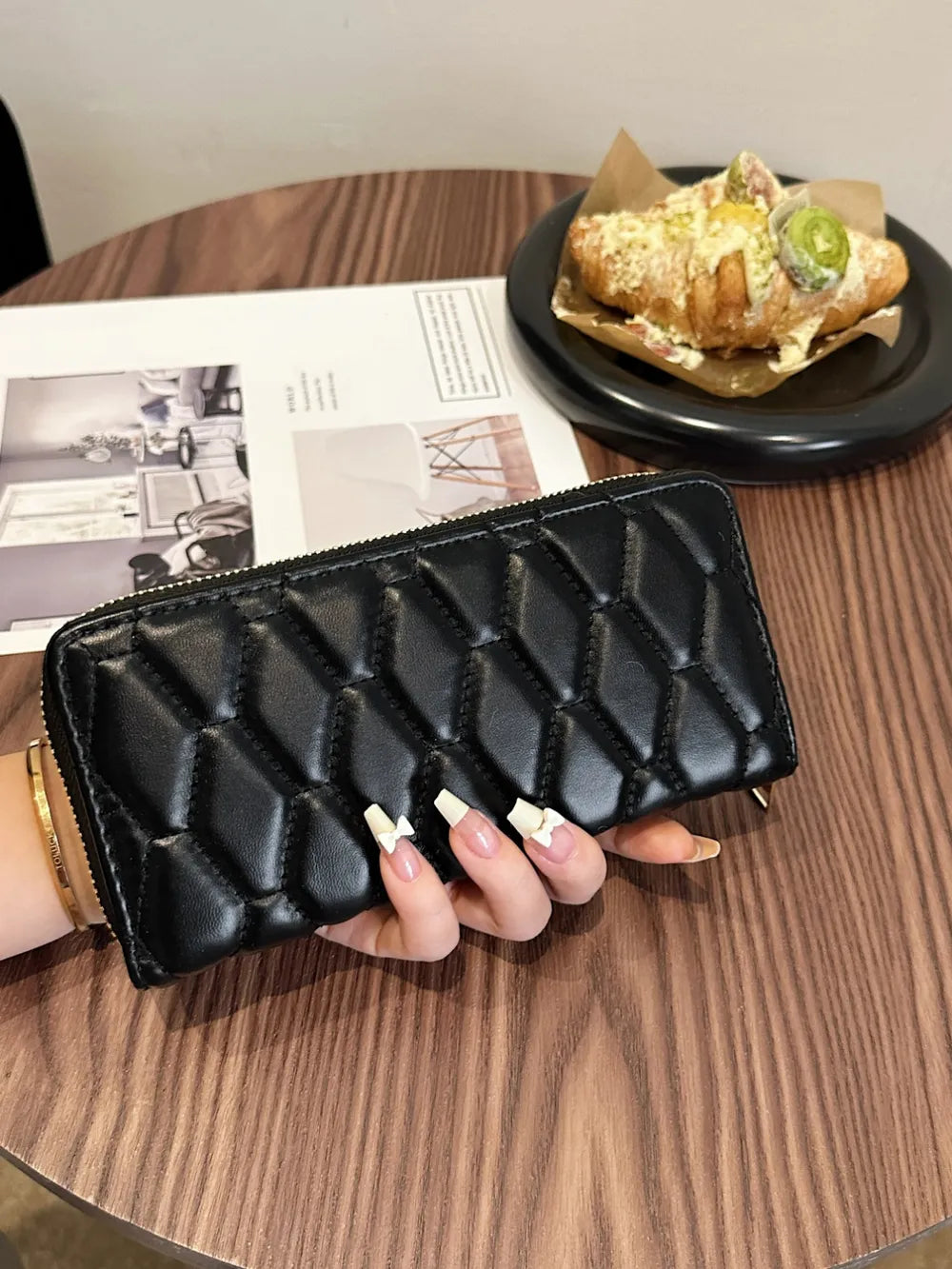 PU Leather Solid Color Wallet Black Hexagon One Size Easy Apparels