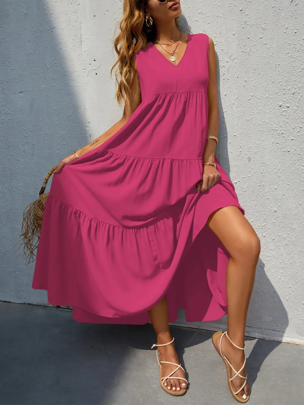 FAM-FAM Tiered V-Neck Sleeveless Dress Easy Apparels