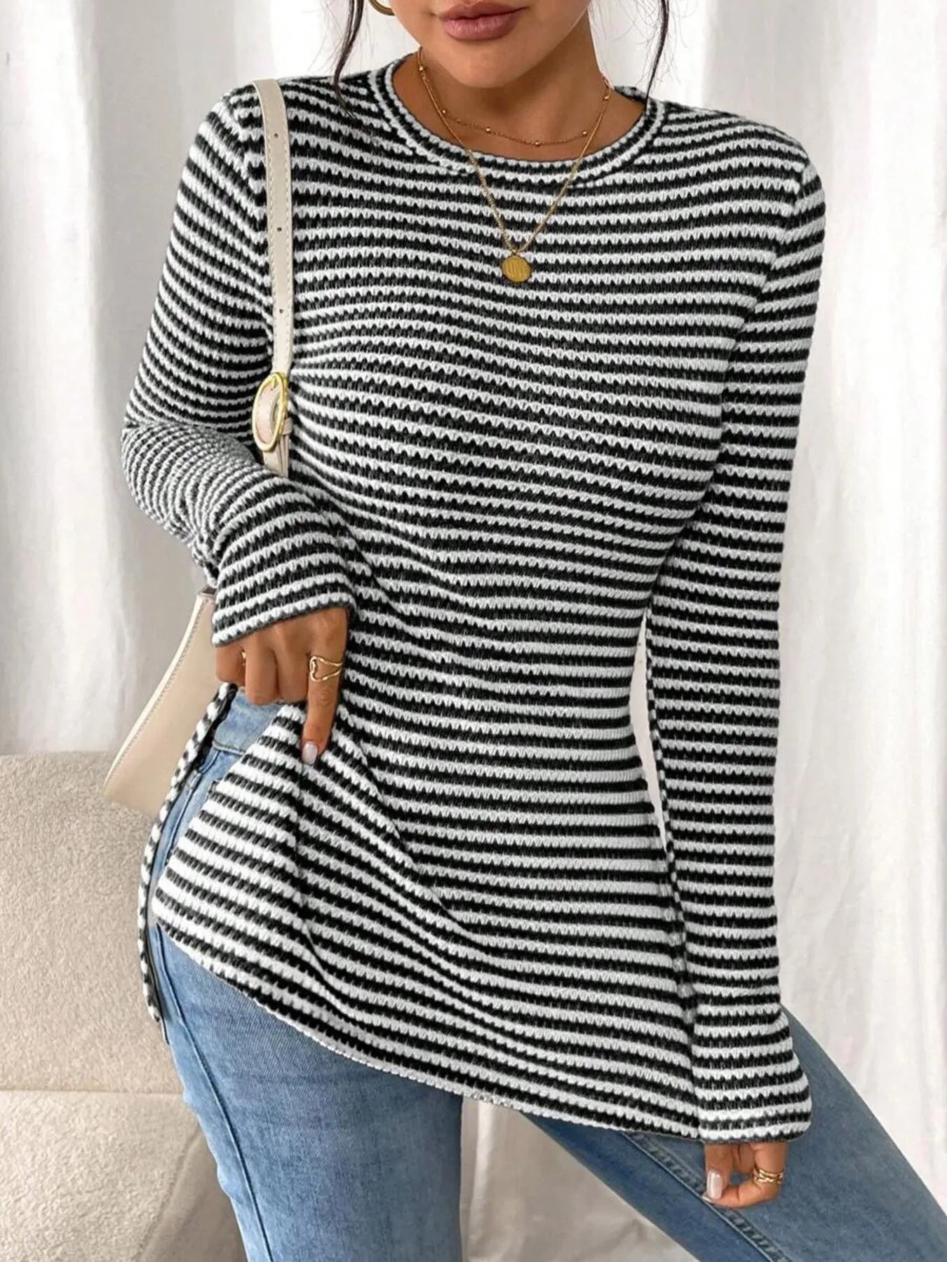 Trendsi Side Slit Striped Long Sleeve T-Shirt