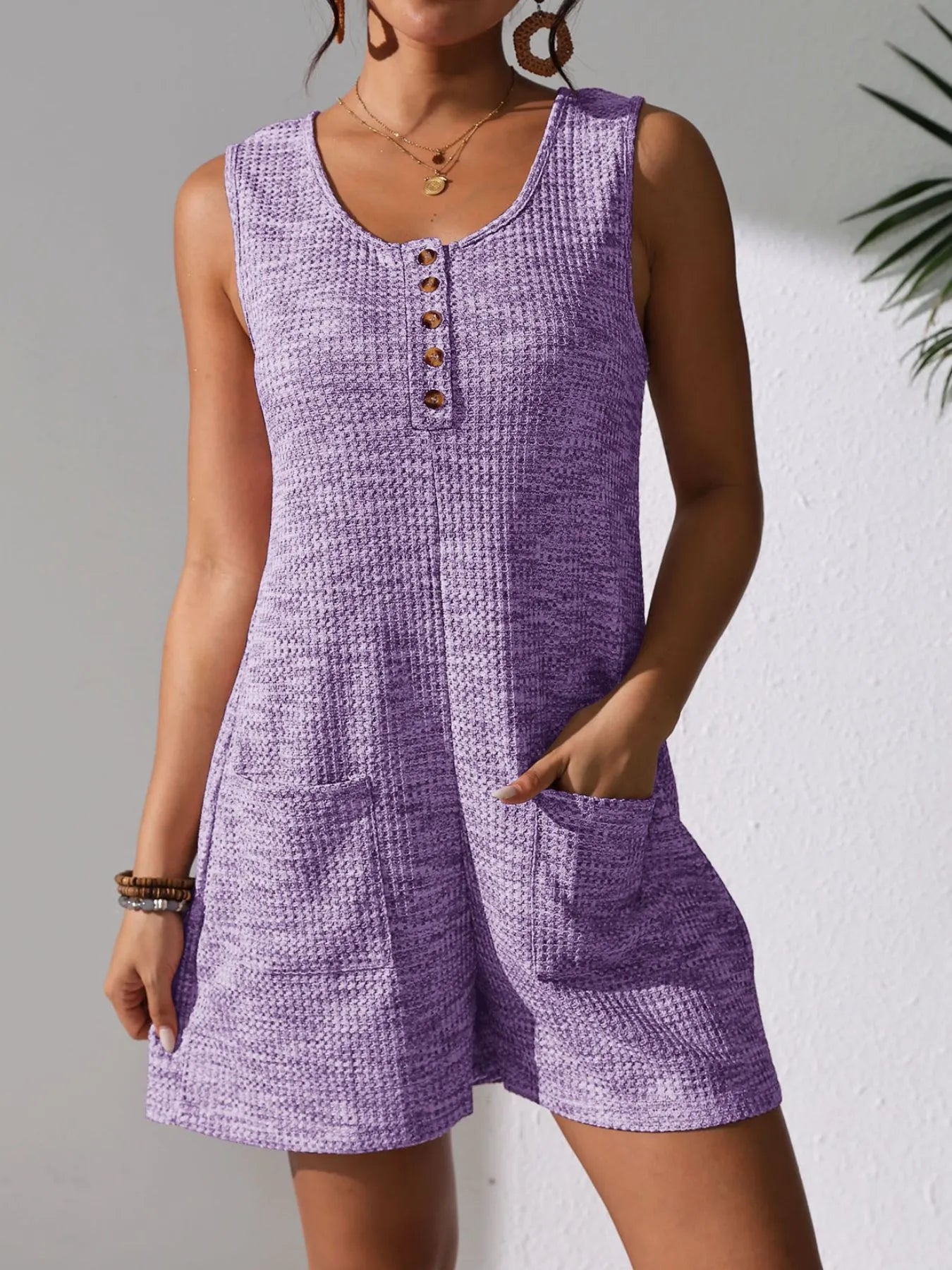 Full Size Button Front Romper with Pockets Plus Size Purple Easy Apparels