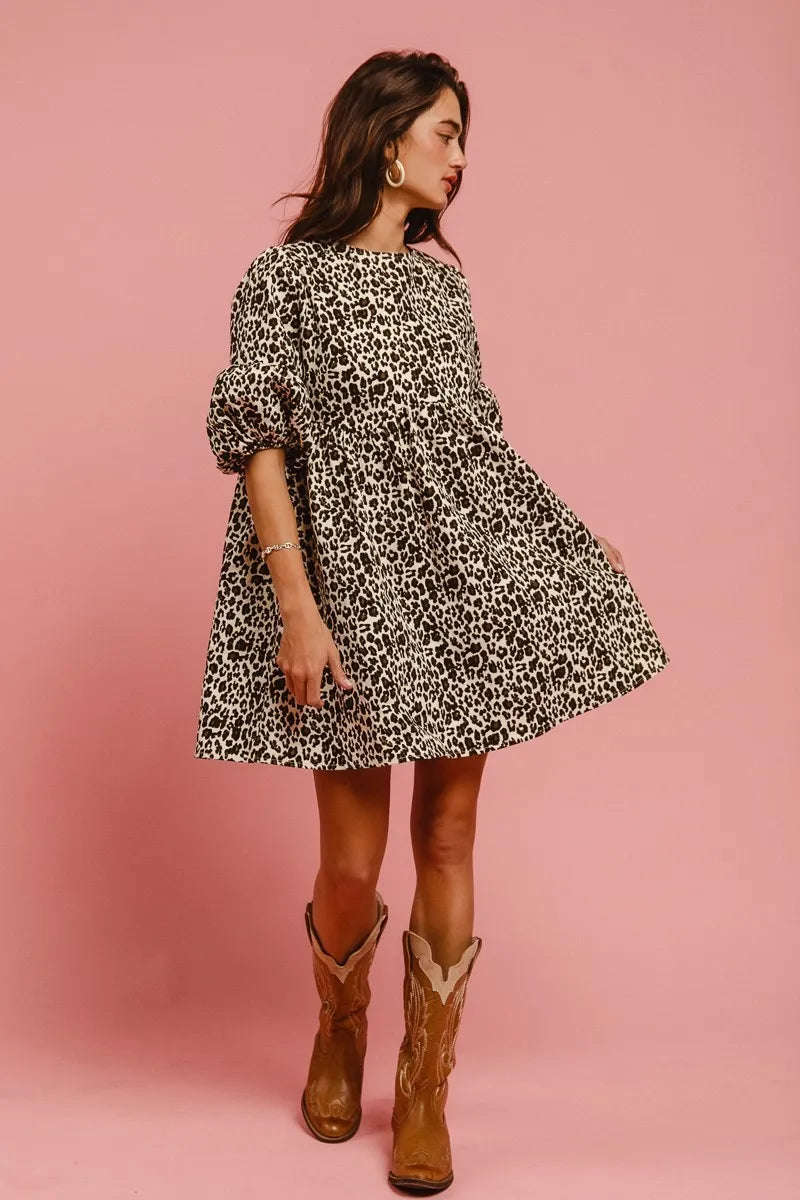 BiBi Leopard Denim Dress With Back Contrast Tie Detail Easy Apparels