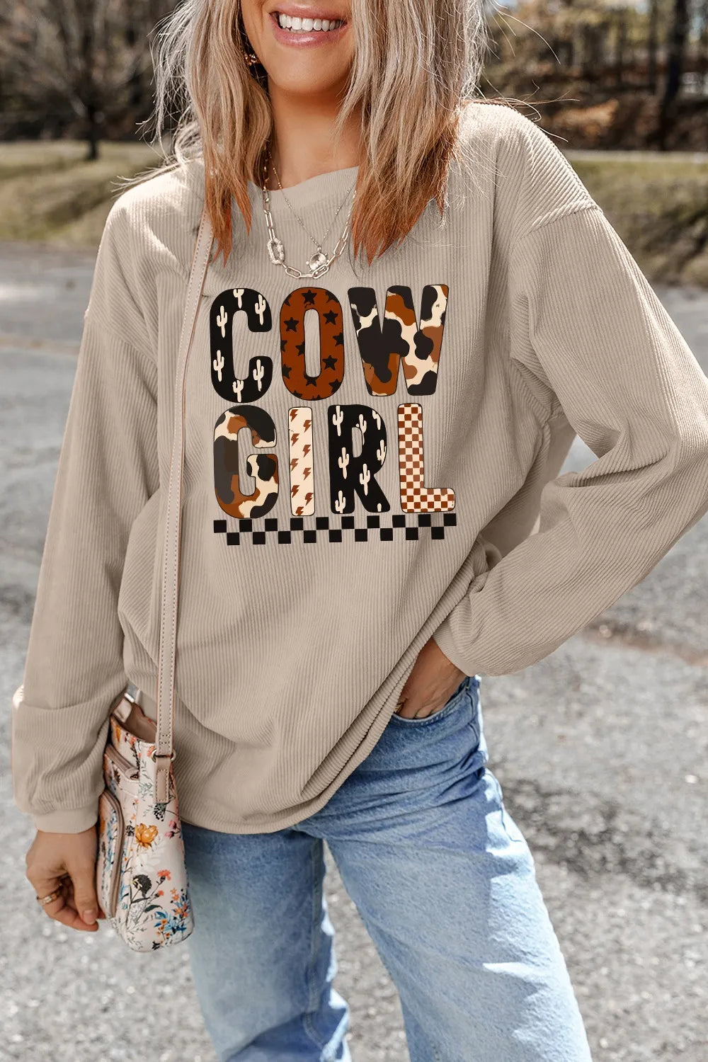 Trendsi Cowgirl Graphic Long Sleeve Sweatshirt Khaki