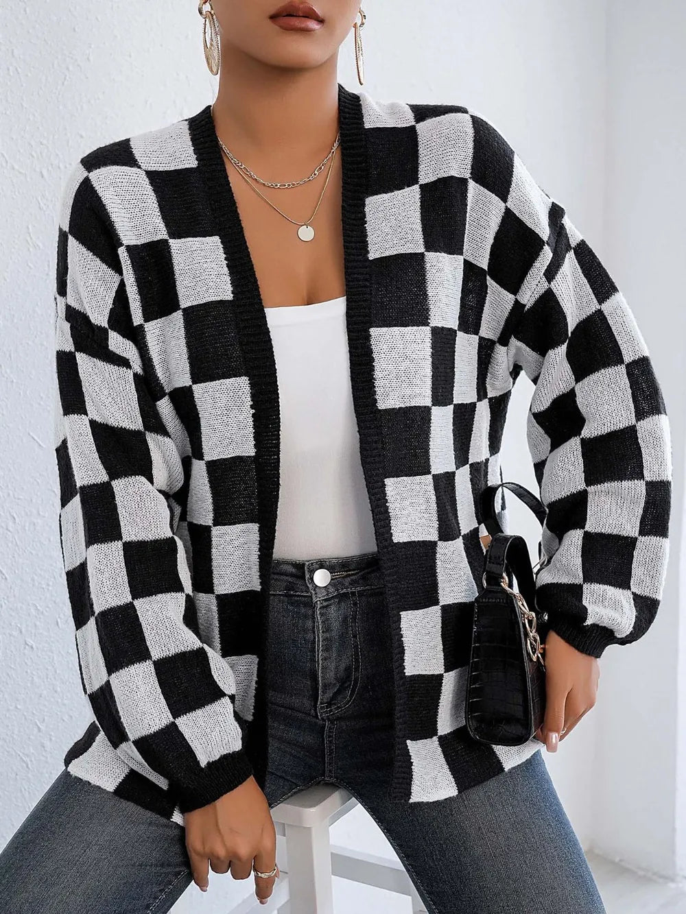 Checkered Open Front Long Sleeve Cardigan Easy Apparels