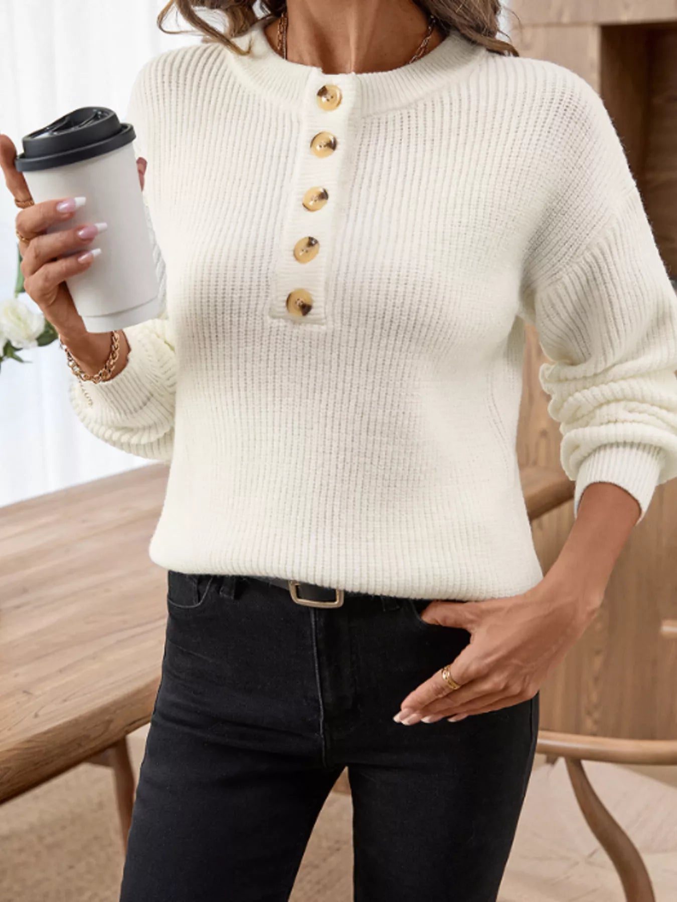 Button Detail Long Sleeve Sweater Easy Apparels