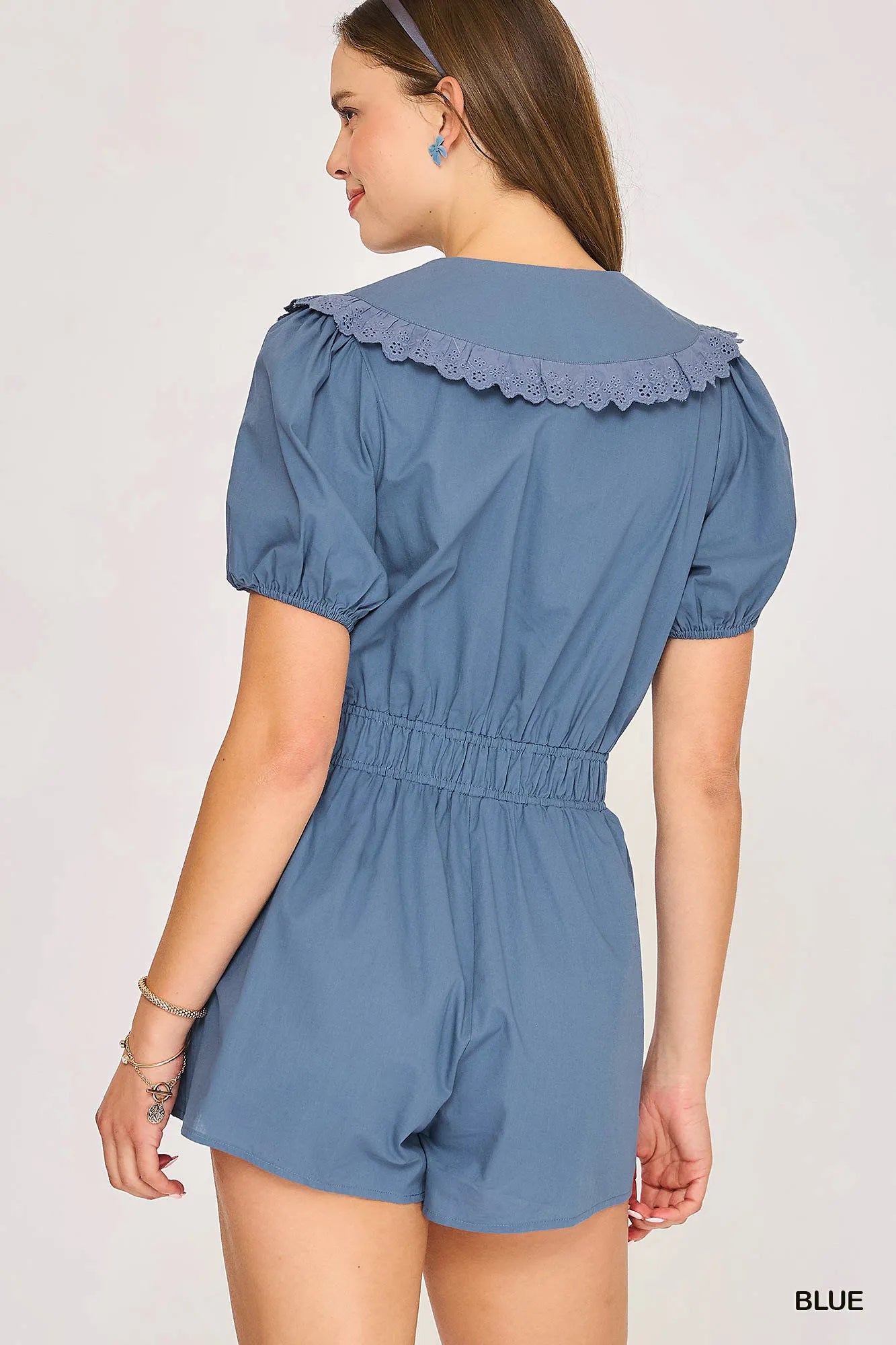 Umgee Collared Short Sleeve Button Down Romper Easy Apparels