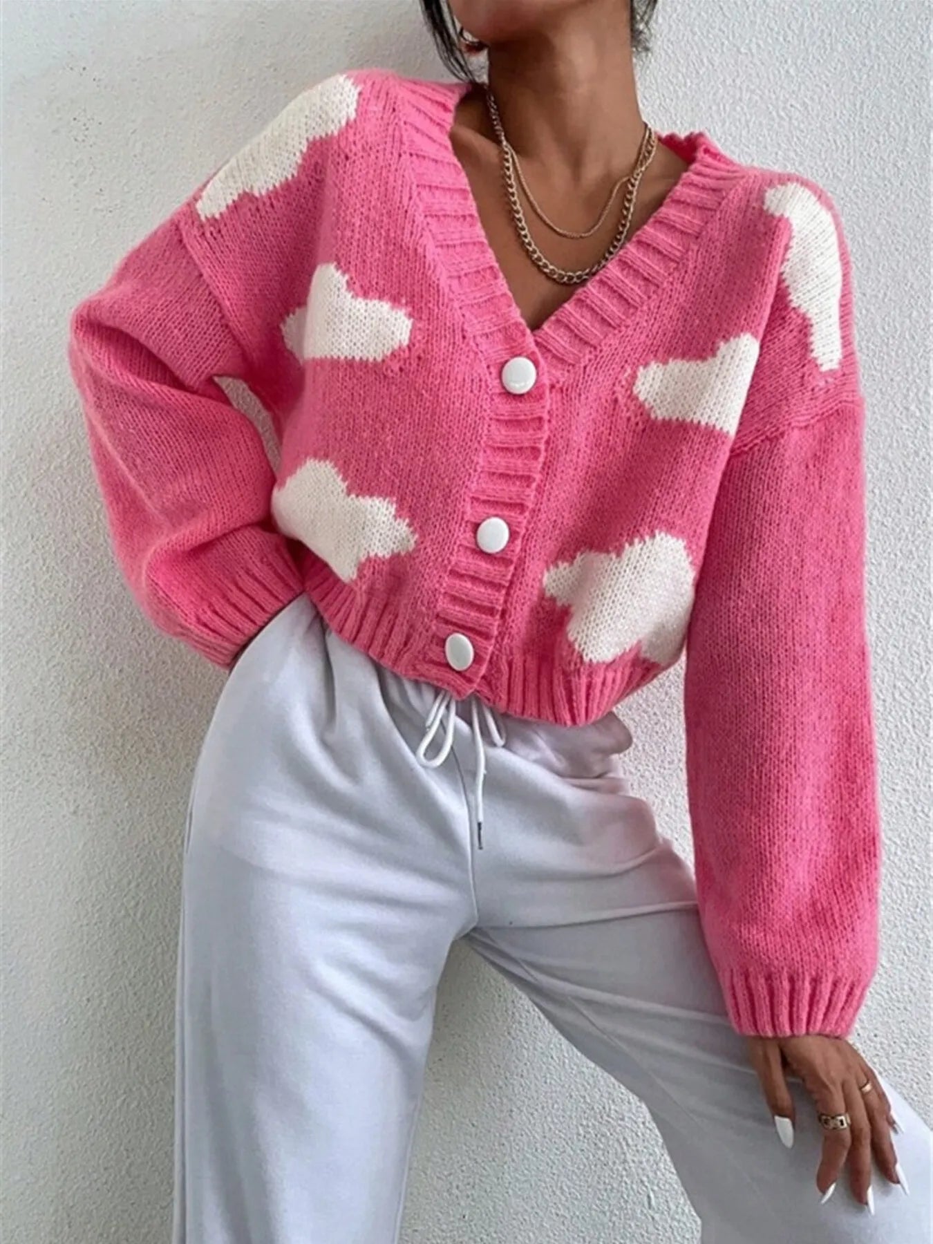 Contrast Cloud Pattern Cropped Button-Up Cardigan Easy Apparels