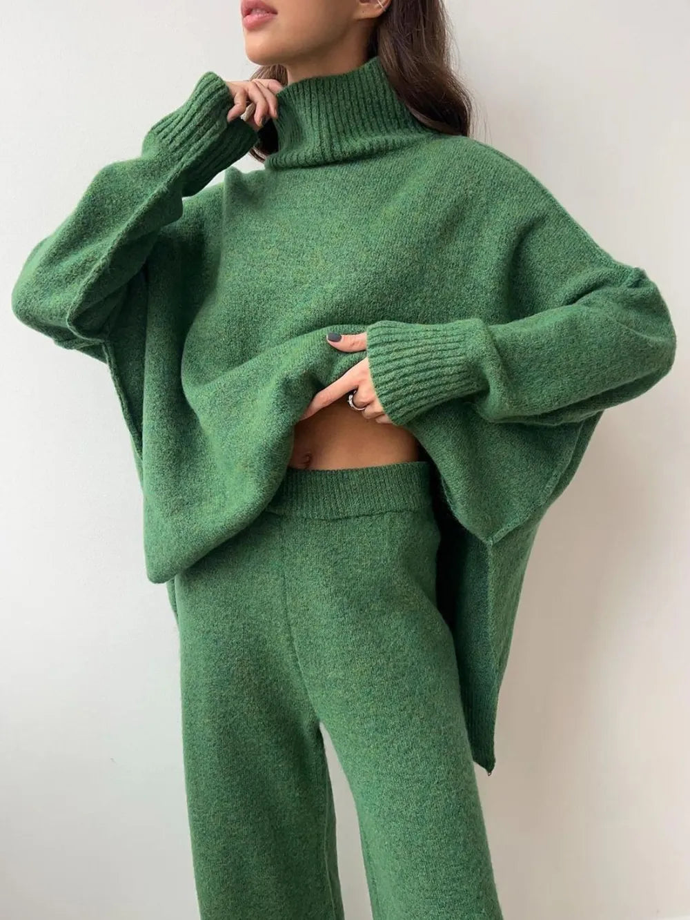Slit Turtleneck Long Sleeve Top and Pants Sweater Set Easy Apparels