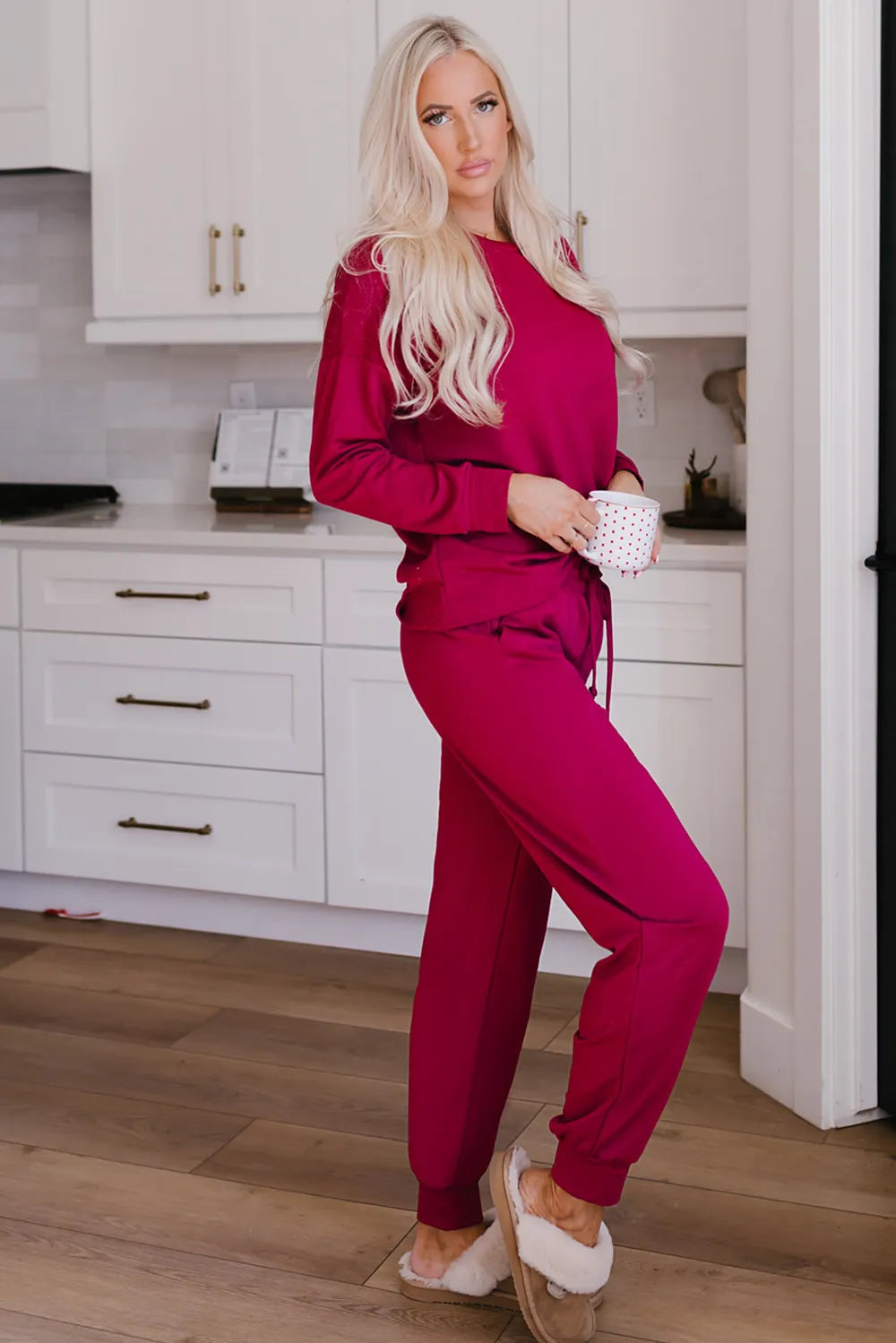 Round Neck Top and Drawstring Pants Lounge Set Easy Apparels