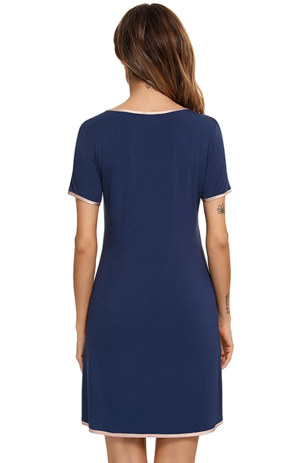 Contrast Trim Pocketed Round Neck Lounge Dress Easy Apparels