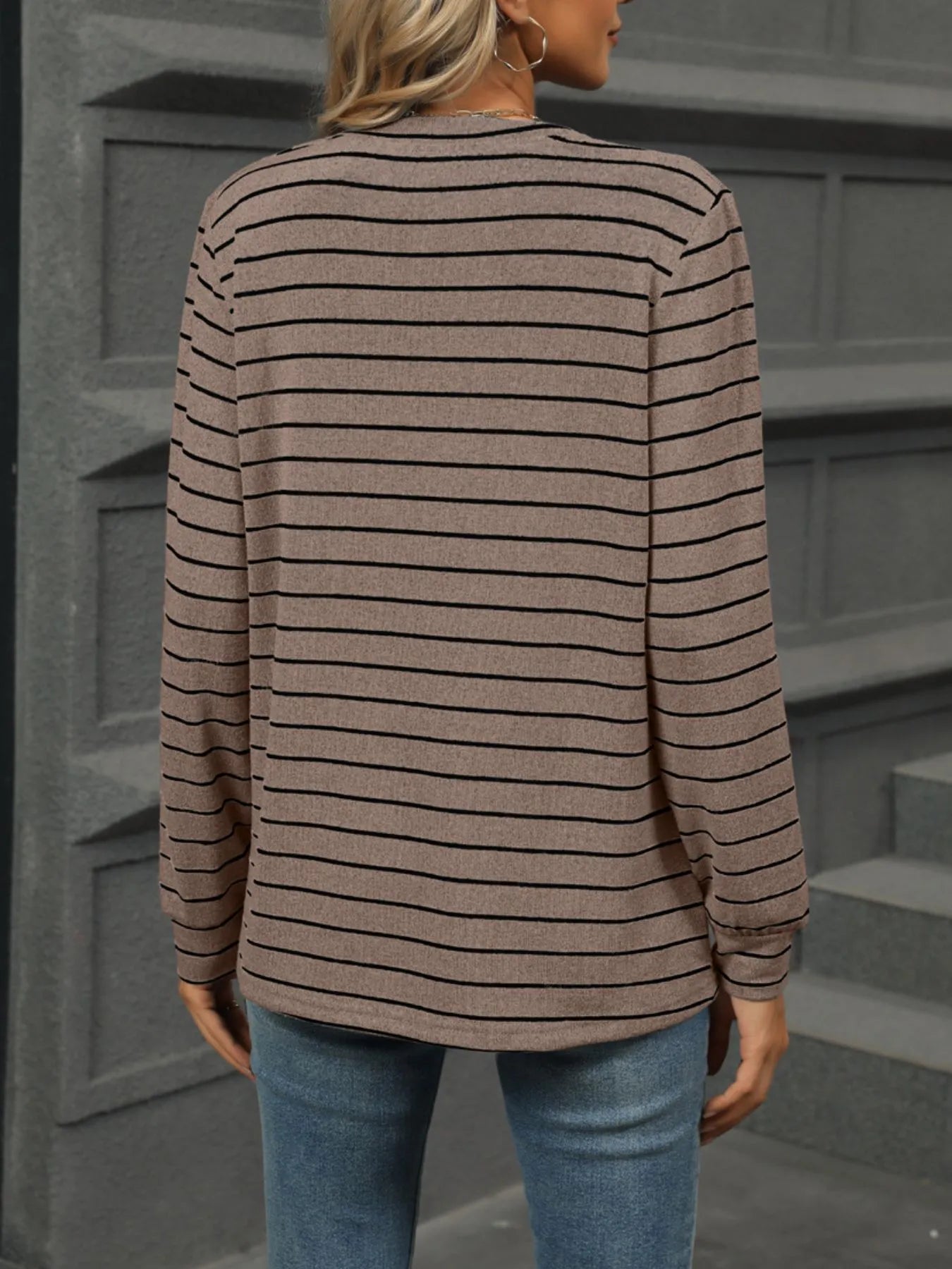 Trendsi Striped Henley T-Shirt with Button Detail