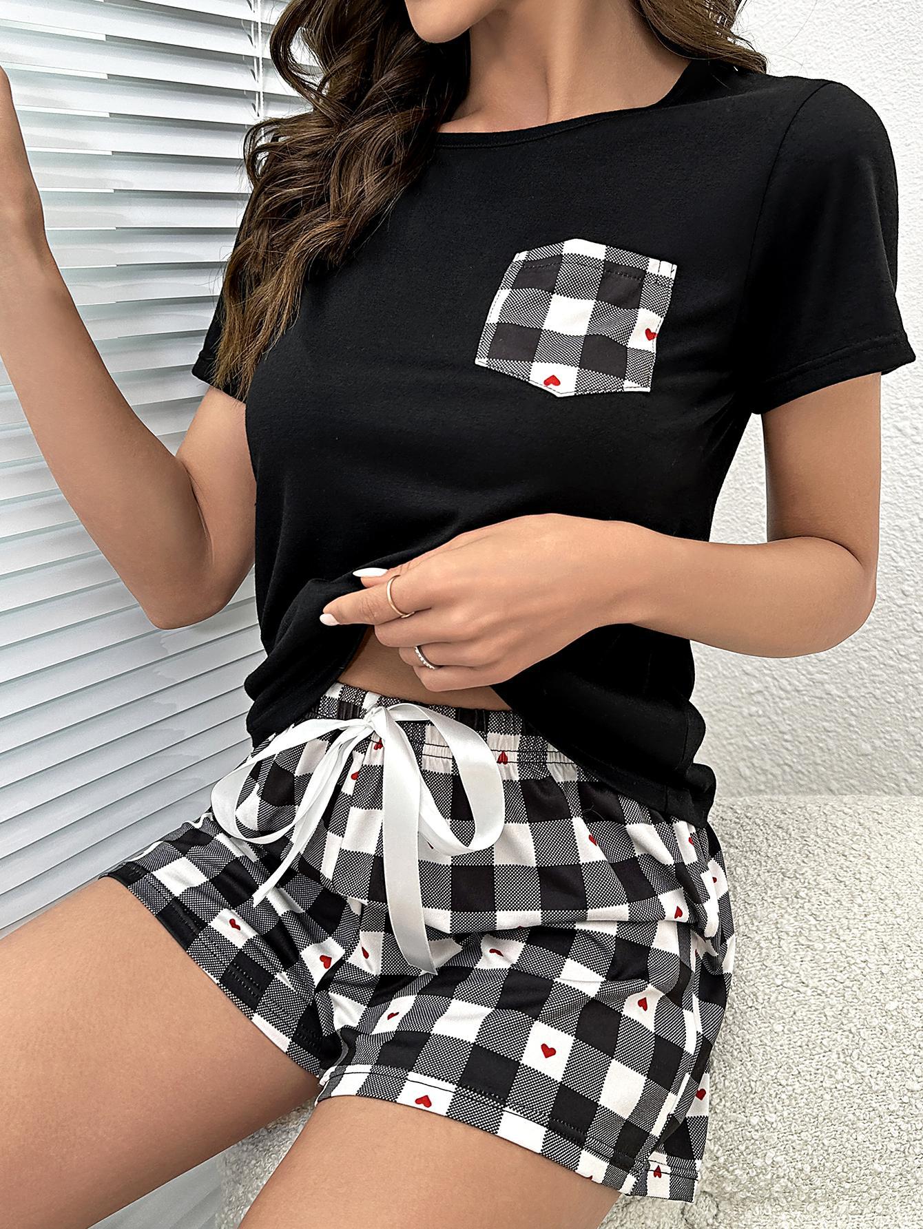 Plaid Heart Top and Shorts Lounge Set Easy Apparels