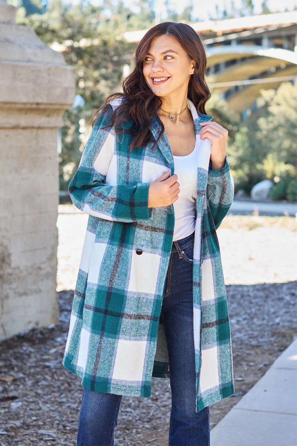 Double Take Full Size Plaid Button Up Lapel Collar Coat French Blue Easy Apparels