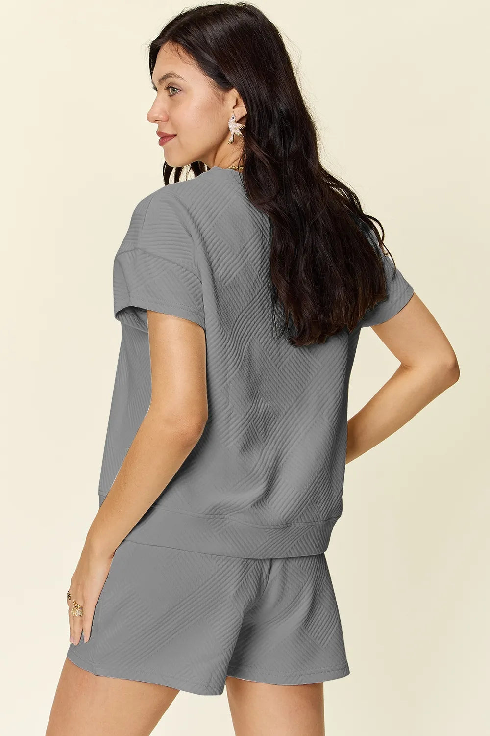 Double Take Full Size Texture Short Sleeve T-Shirt and Drawstring Shorts Set Easy Apparels