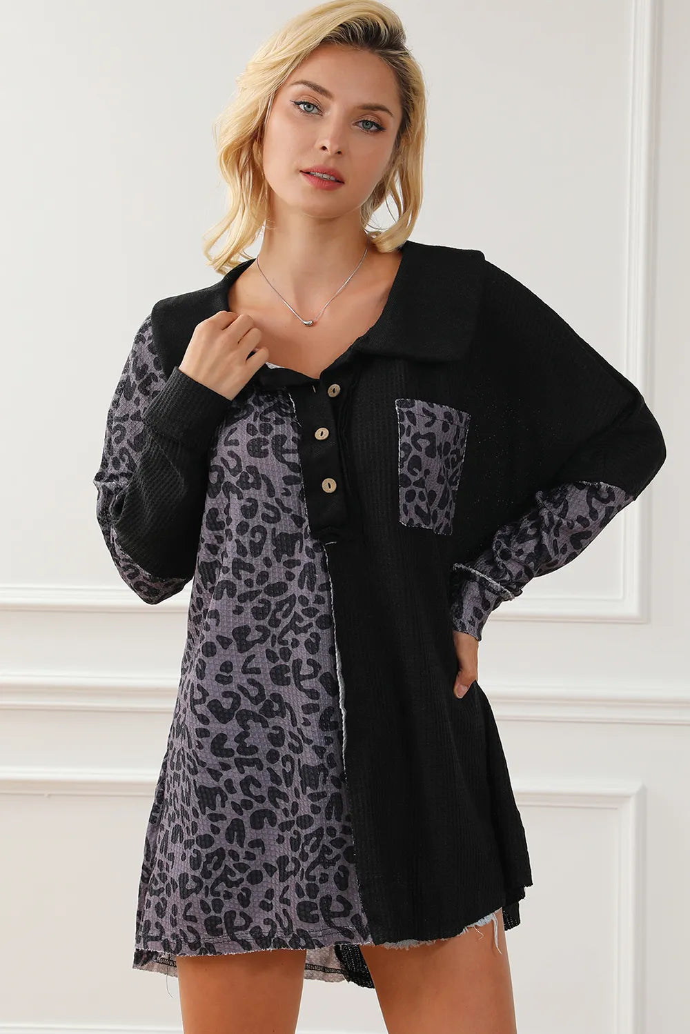 Trendsi Half Button Leopard Collared Neck Blouse