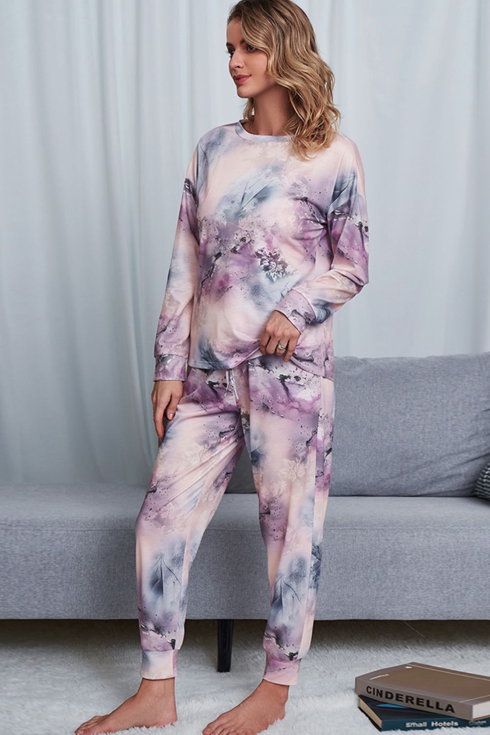 Shiny Tie-Dye Crewneck Top and Drawstring Waist Joggers Lounge Set Easy Apparels