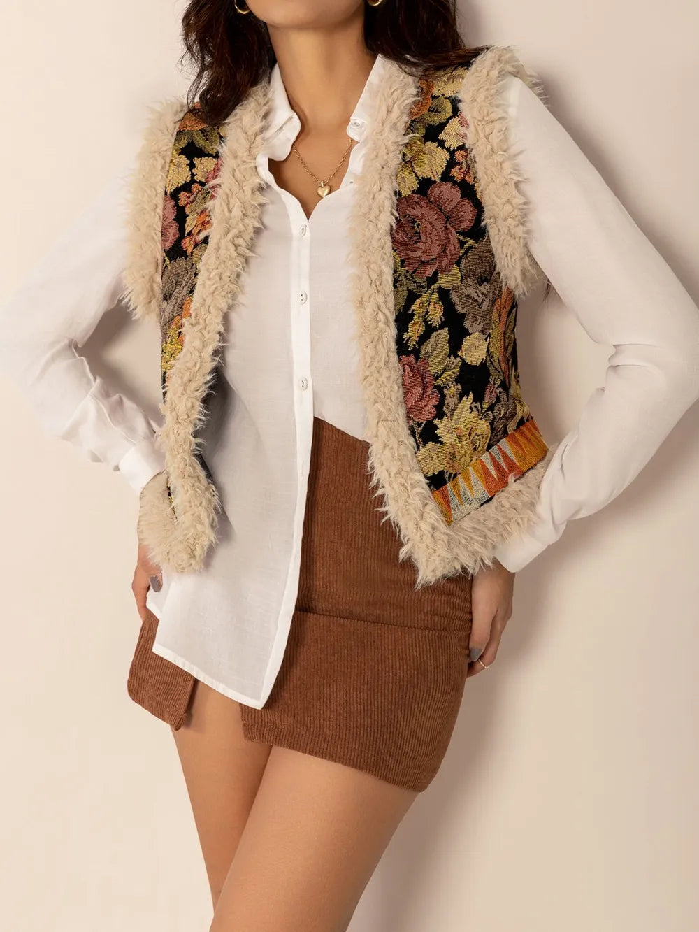 Embroidered Fuzzy Trim Open Front Vest Coat Easy Apparels