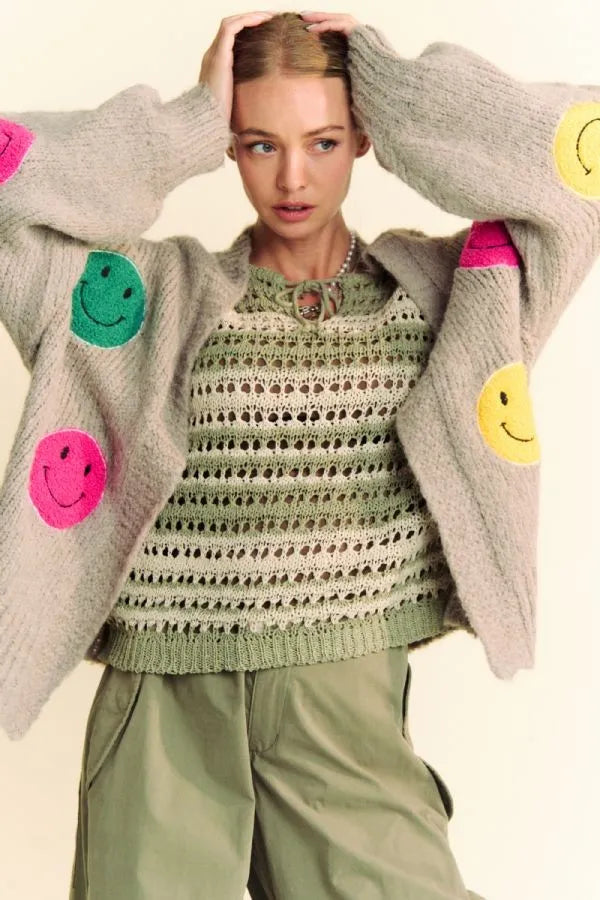 Davi & Dani Fuzzy Smile Open Front Long Sleeve Cardigan Gray Easy Apparels