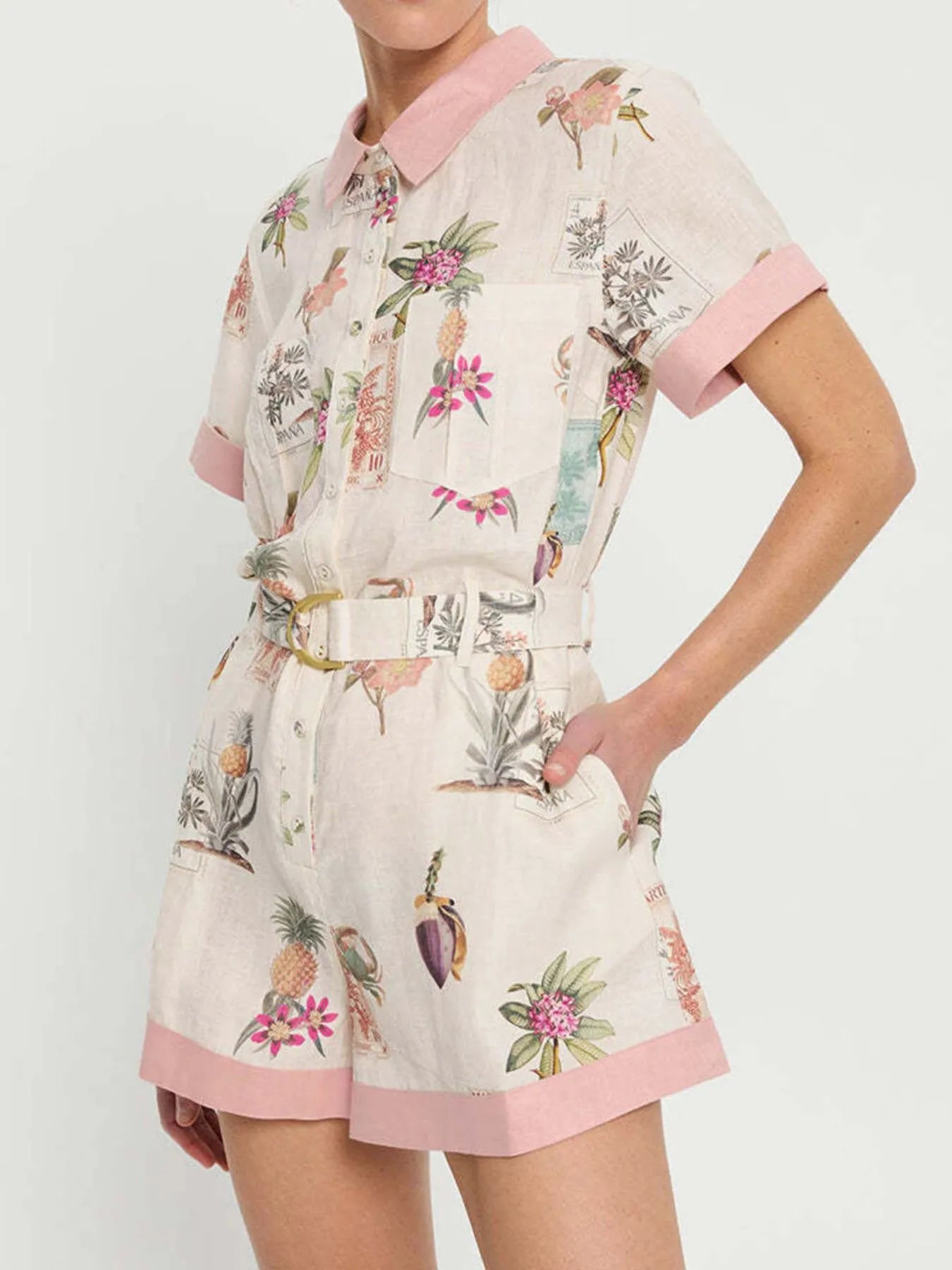 Printed Short Sleeve Romper with Belt Easy Apparels