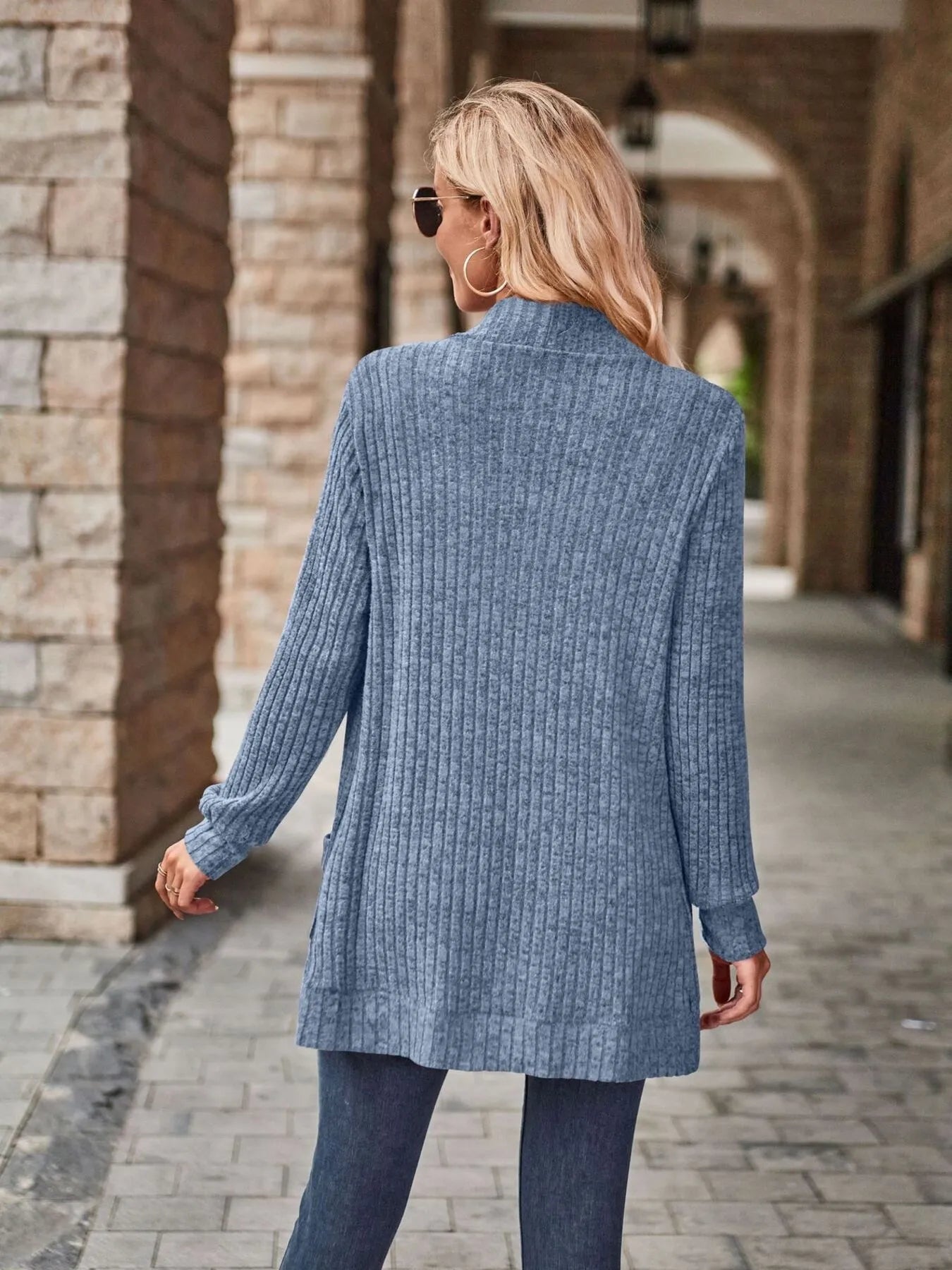 Ribbed Open Front Long Cardigan with Pockets Easy Apparels