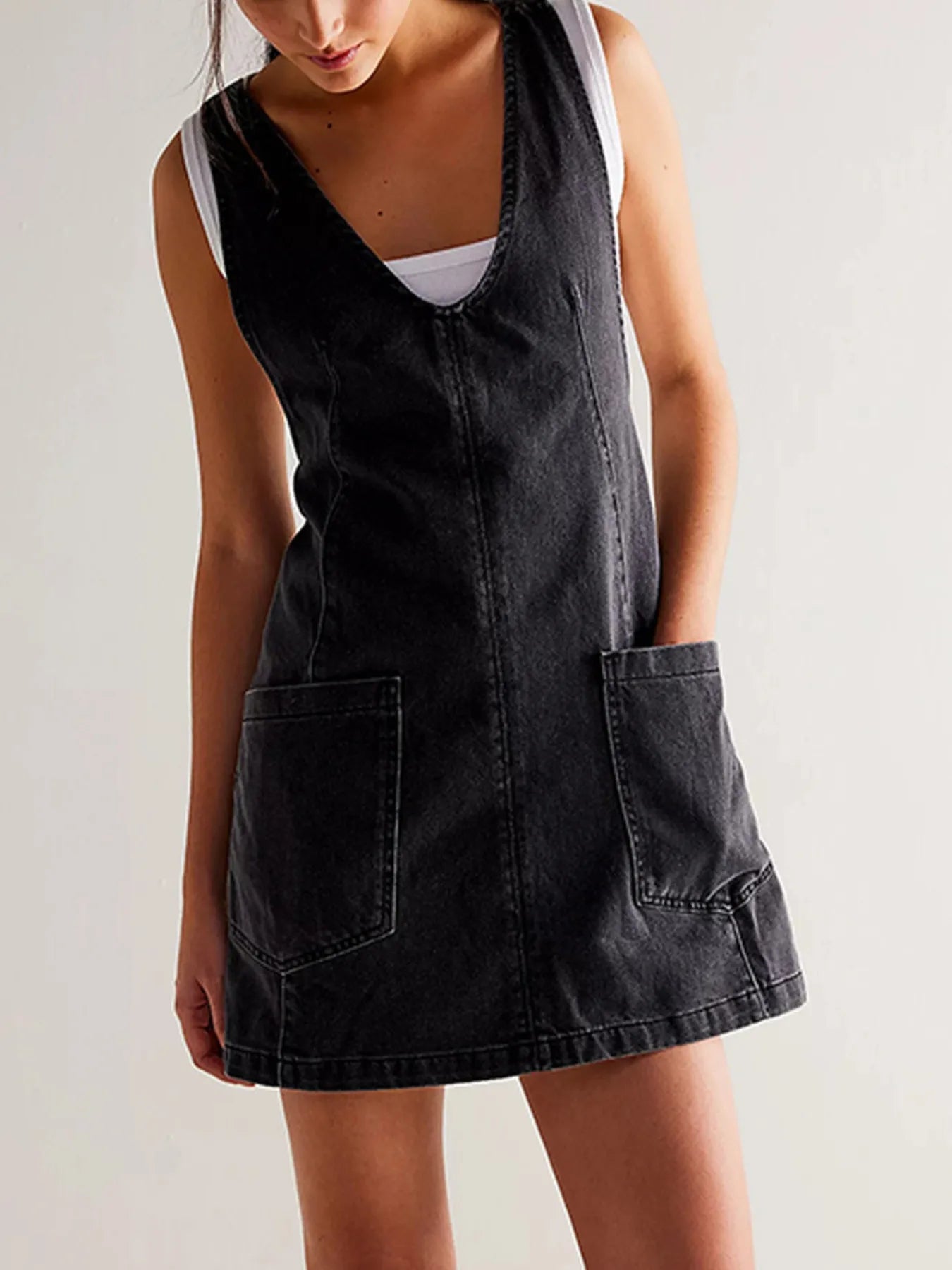 Oversized V-Neck Denim Tank Dress with Front Pockets Black Easy Apparels