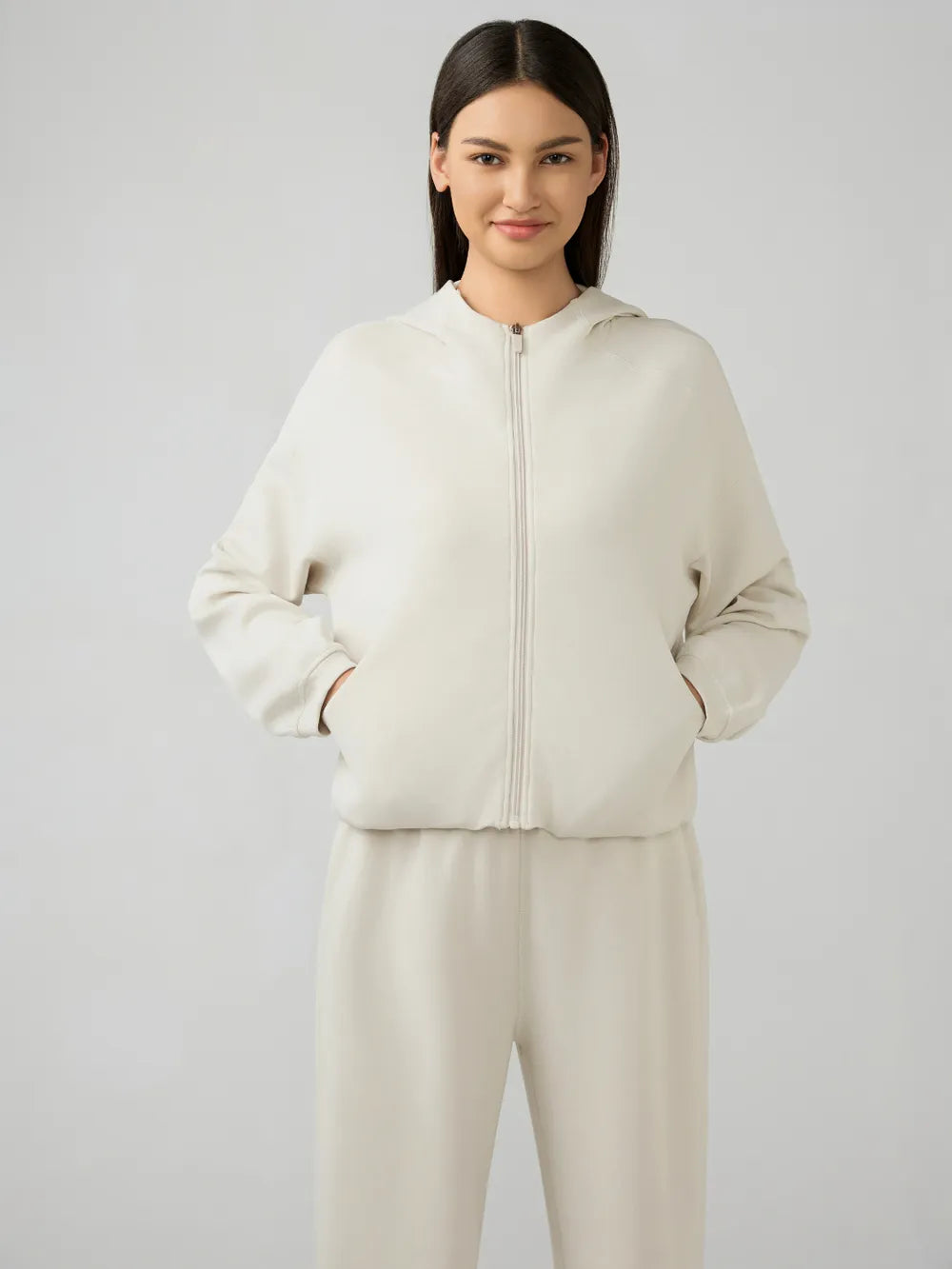 Millennia Zip Up Dropped Shouder Active Hooded Cream Easy Apparels
