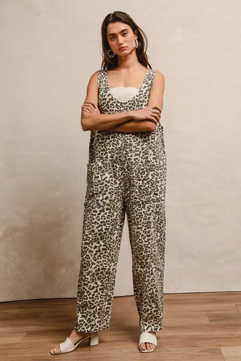 BiBi Leopard Print Adjustable Strap U Neck Jumpsuit Easy Apparels