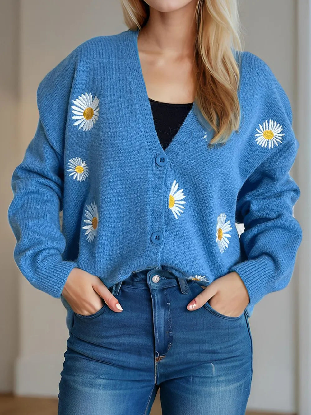 Daisy Button Up V-Neck Cardigan Easy Apparels