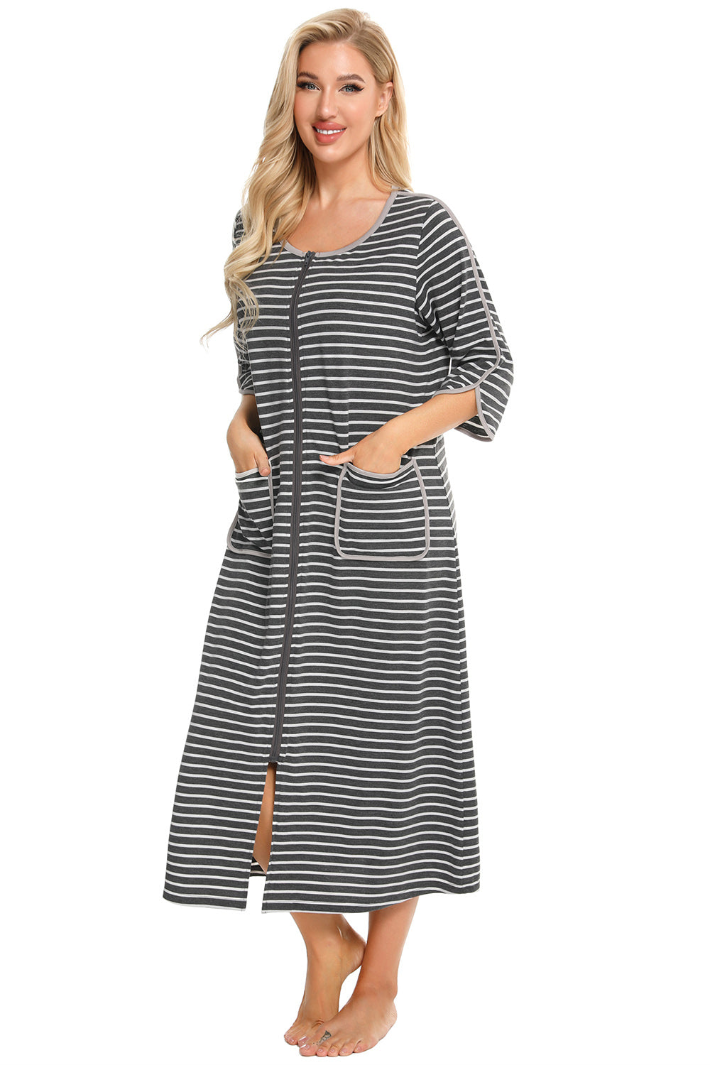 Round Neck Three-Quarter Sleeve Midi Night Dress Easy Apparels