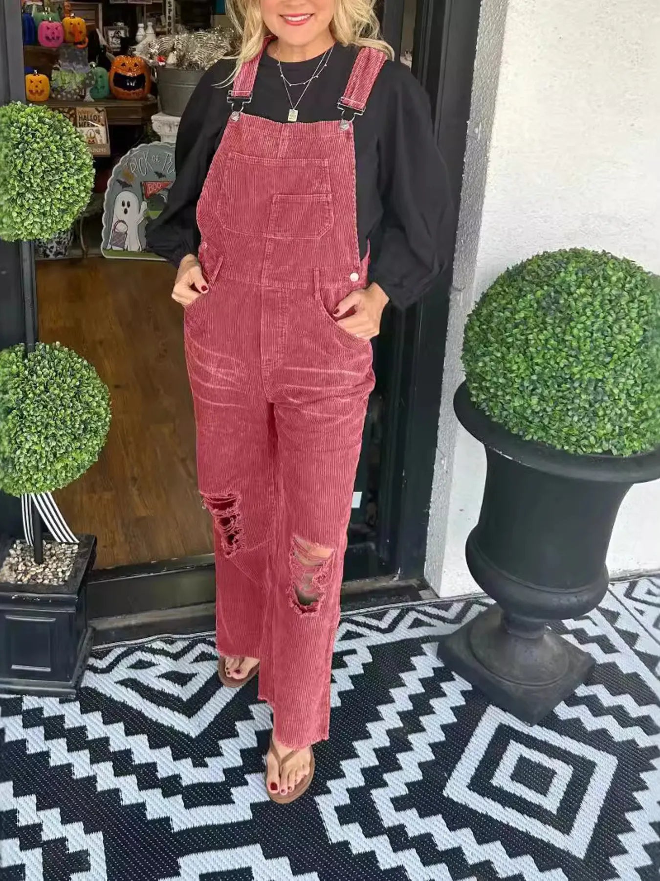 Distressed Wide Leg Corduroy Overalls Brick Red Easy Apparels