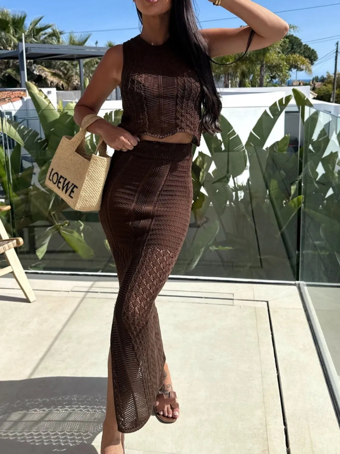 Openwork Round Neck Top and Slit Skirt Sweater Set Dark Brown Easy Apparels