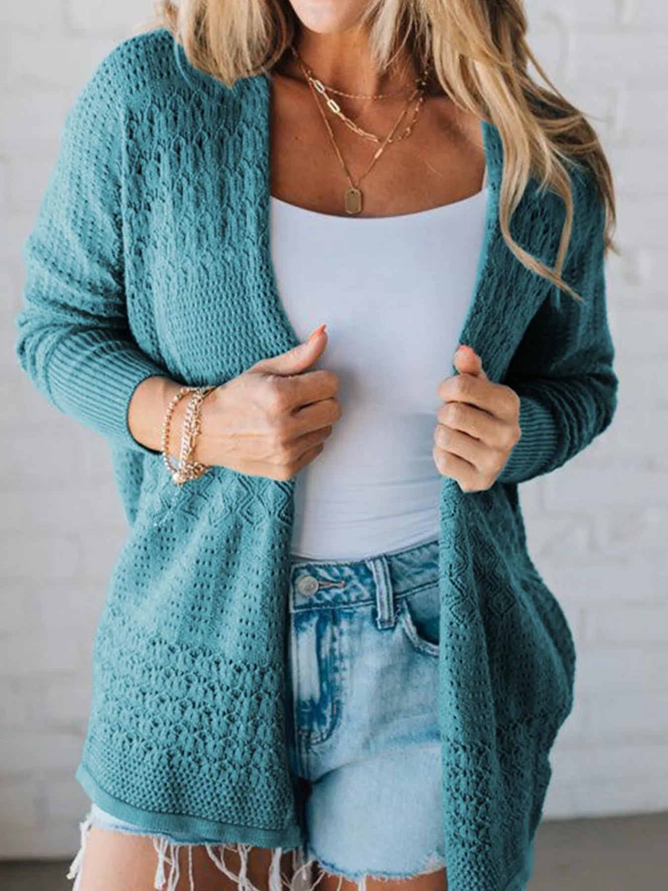 Open Front Knitted Cardigan with Eyelet Details Teal Easy Apparels