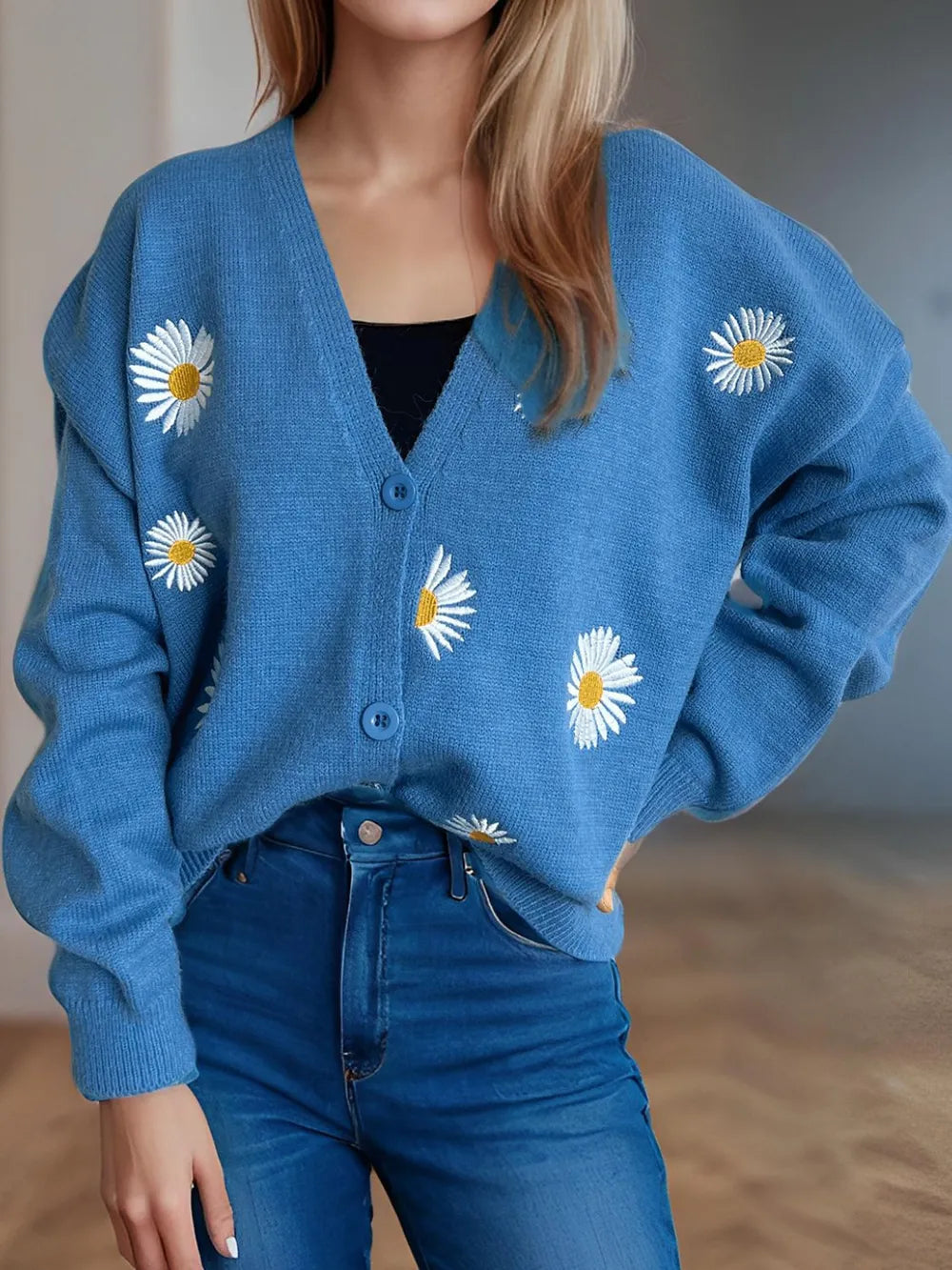 Daisy Button Up V-Neck Cardigan Easy Apparels