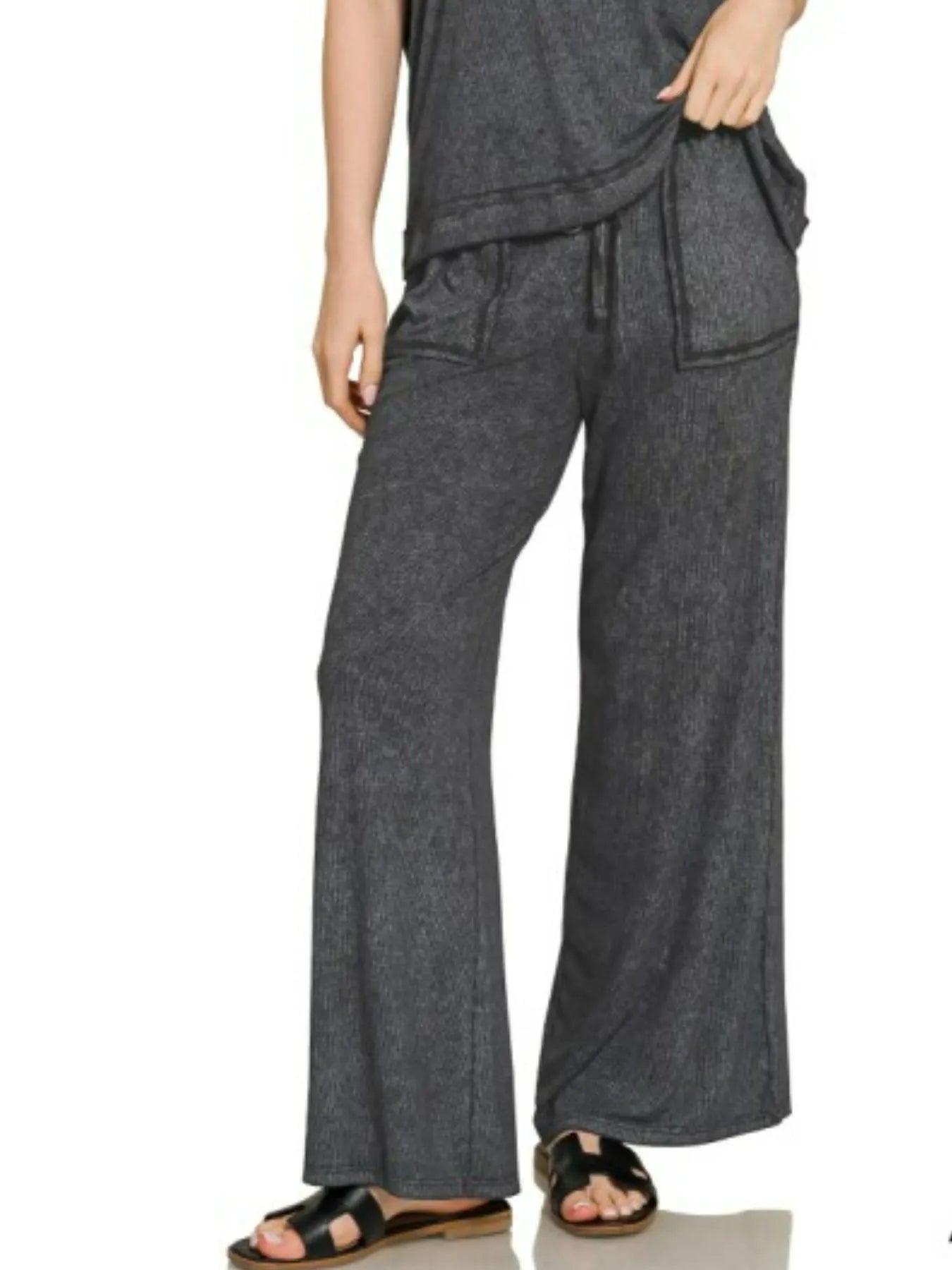 Zenana Ribbed Acid Wash Rayon Top & Pants Set Easy Apparels