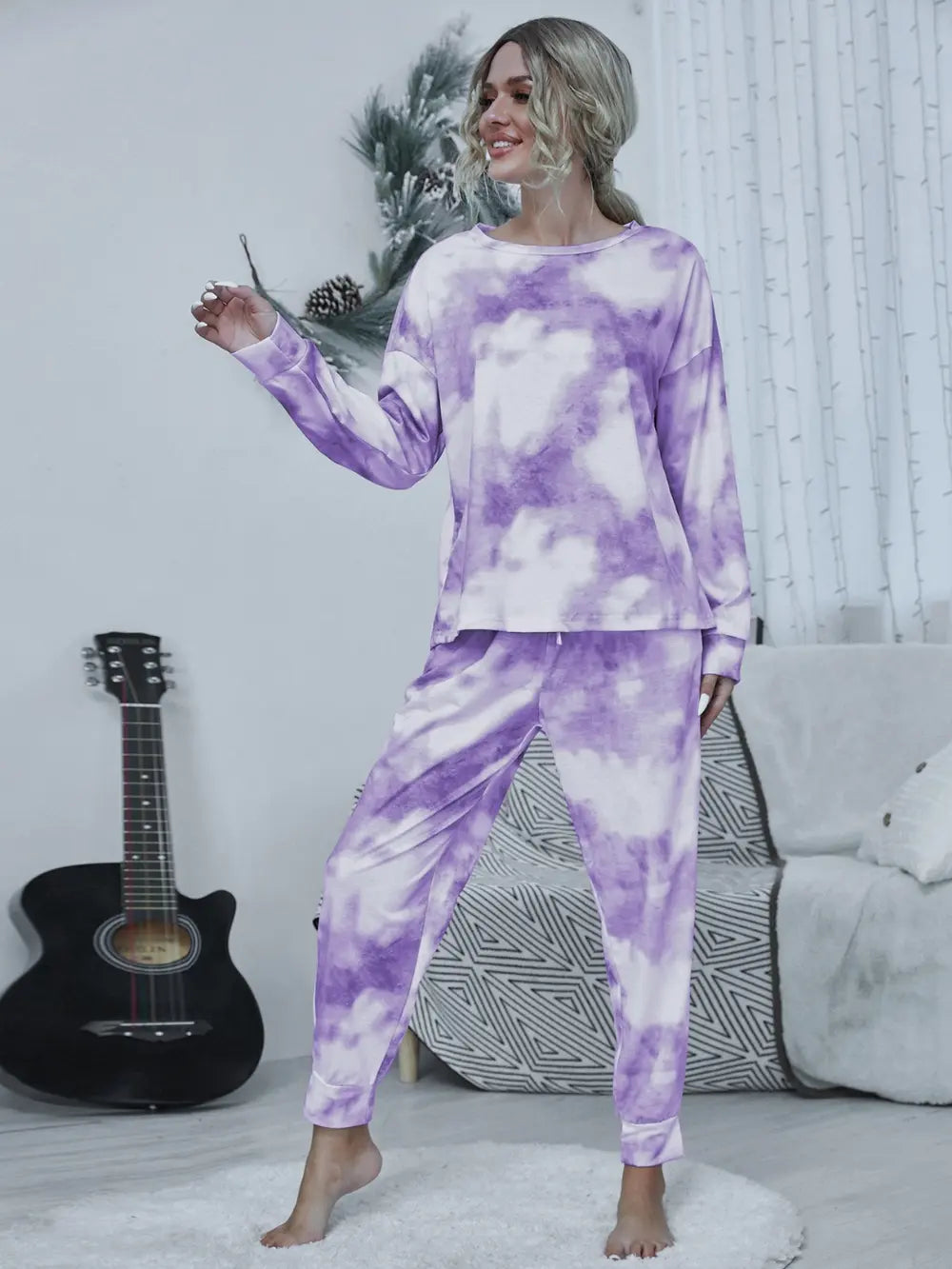 Shiny Tie-dye Round Neck Top and Drawstring Pants Lounge Set Easy Apparels
