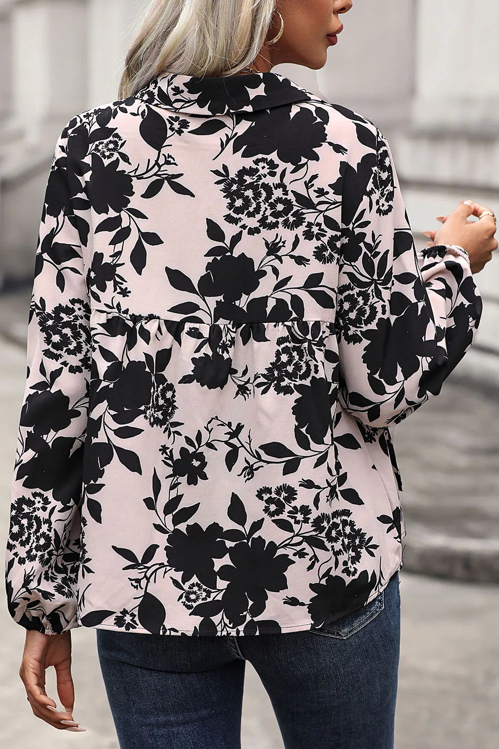 Trendsi Perfee Printed Tie Neck Balloon Sleeve Blouse