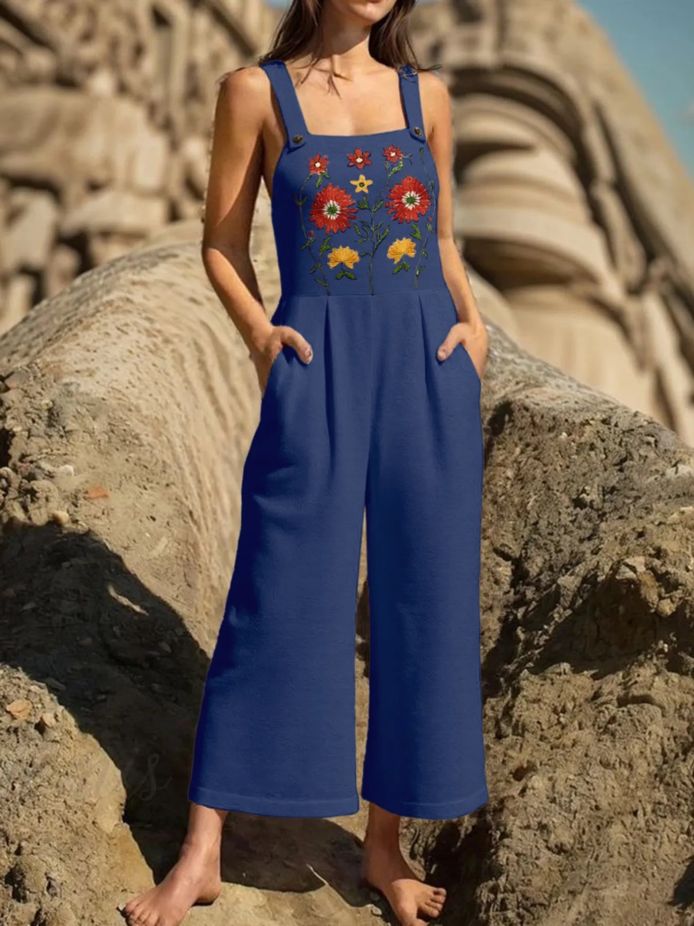 Floral Embroidered Wide Leg Jumpsuit Dark Blue Easy Apparels