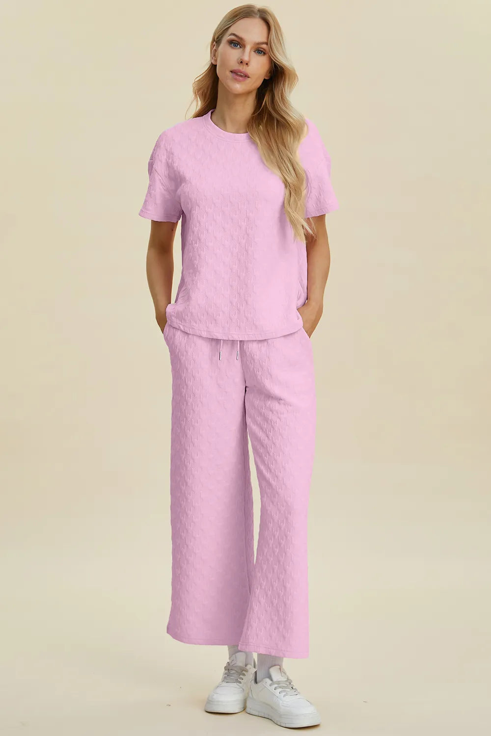 Double Take Full Size Texture Round Neck Short Sleeve Top and Pants Set Easy Apparels