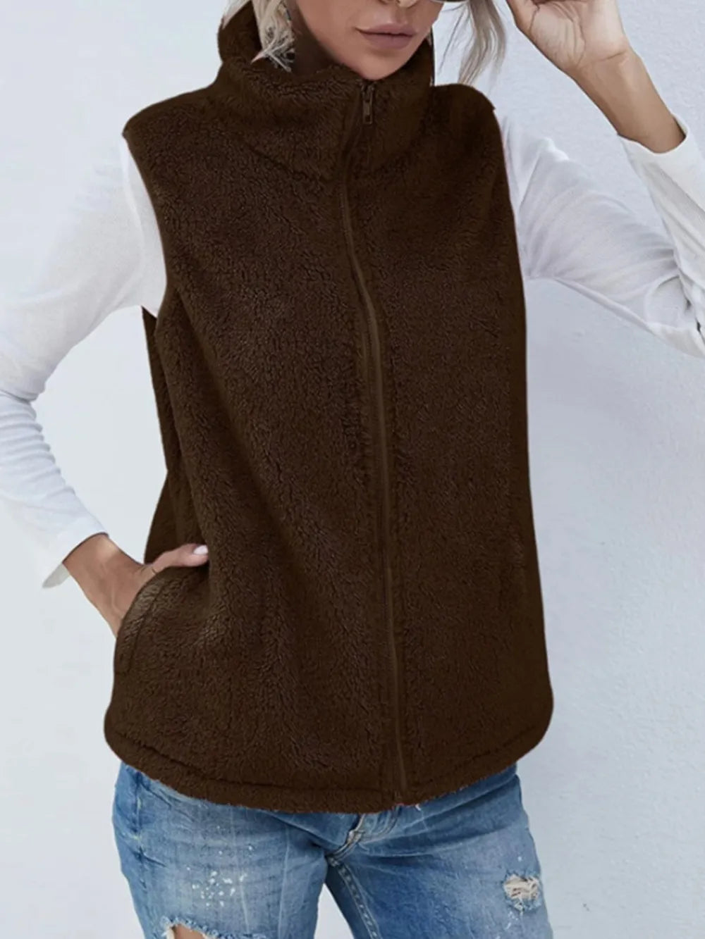 Full Size Fuzzy Zip Up Vest Coat with Pockets Chocolate Easy Apparels