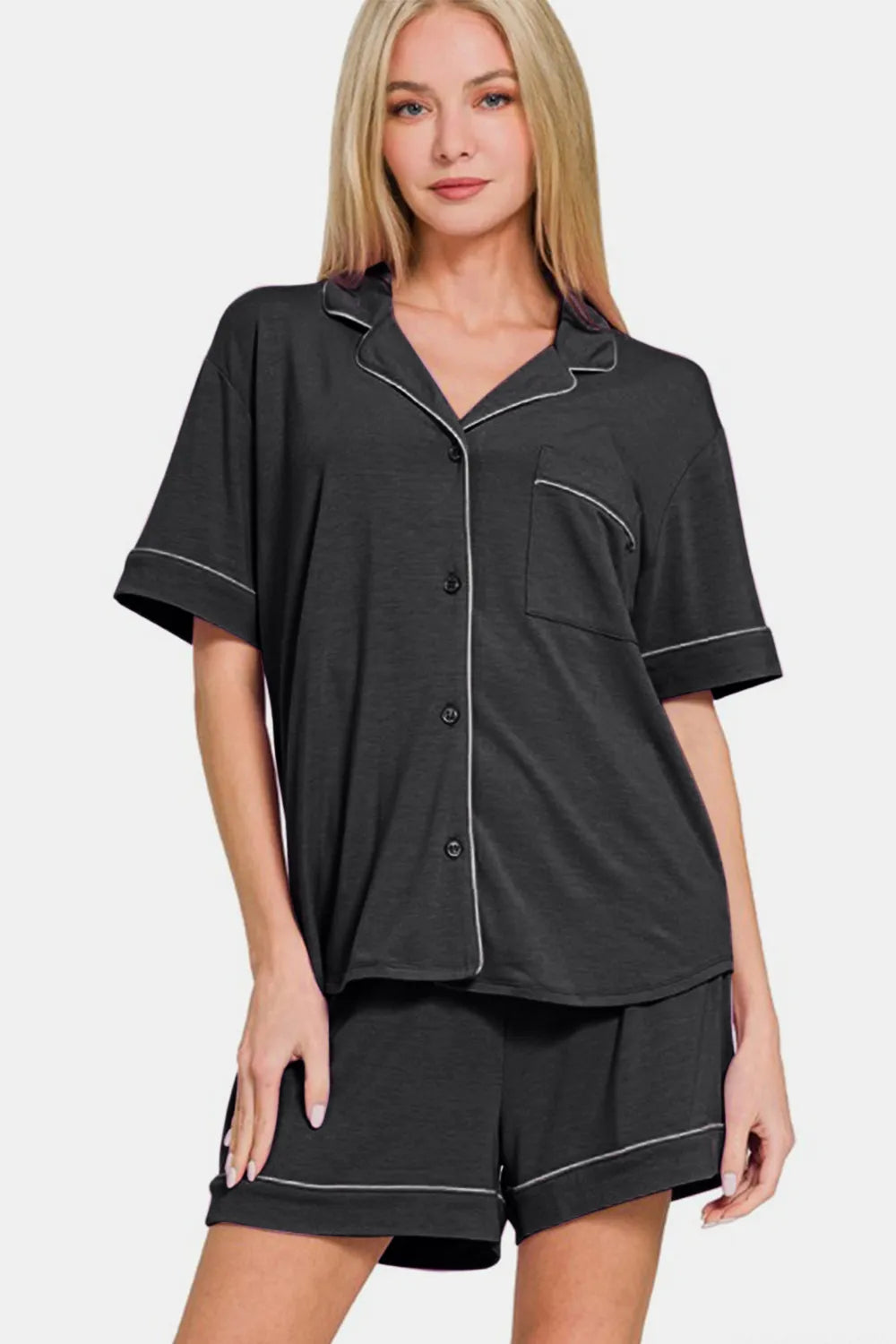 Zenana Button Down Short Sleeve Top and Shorts Lounge Set Easy Apparels