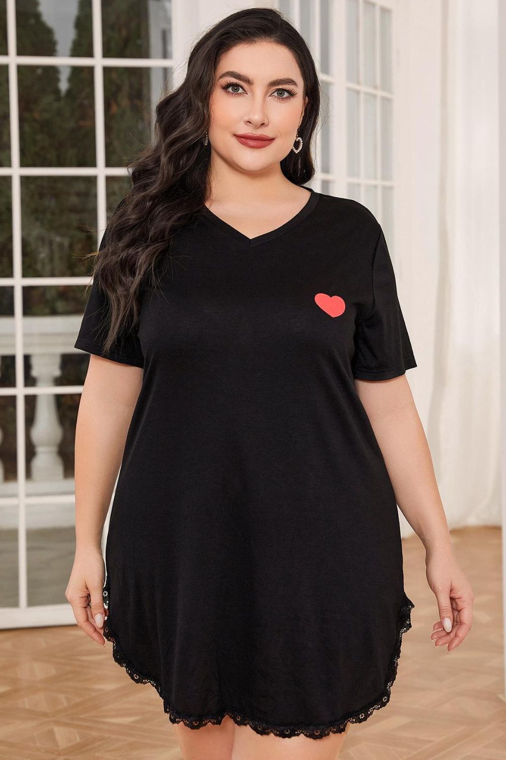 Plus Size Lace Trim V-Neck Short Sleeve Night Dress Easy Apparels