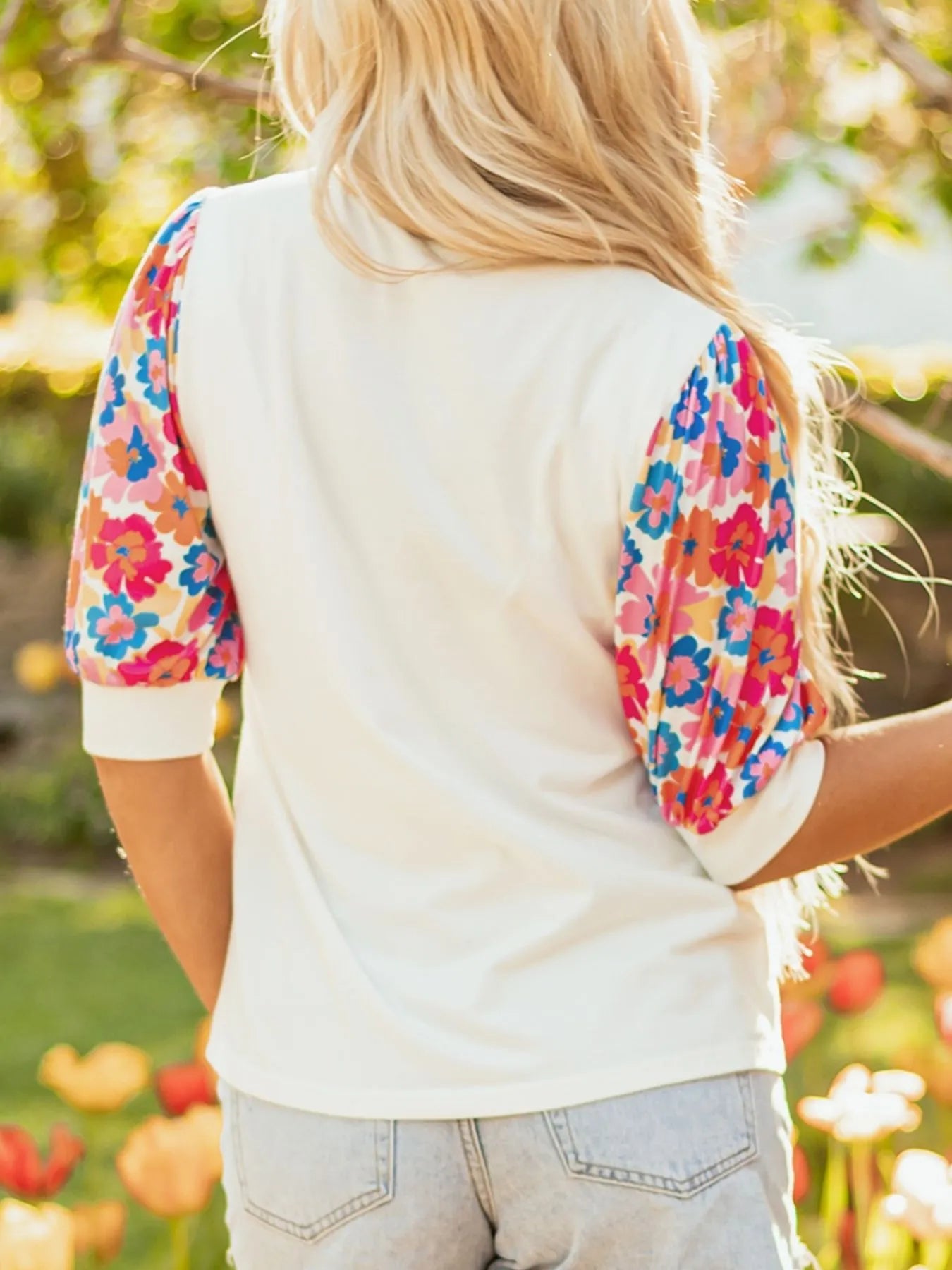 Trendsi Floral Puff Sleeve Round Neck T-Shirt