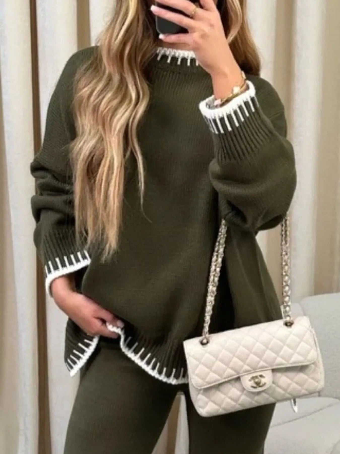Contrast Trim Round Neck Top and Pants Sweater Set Military Green Easy Apparels