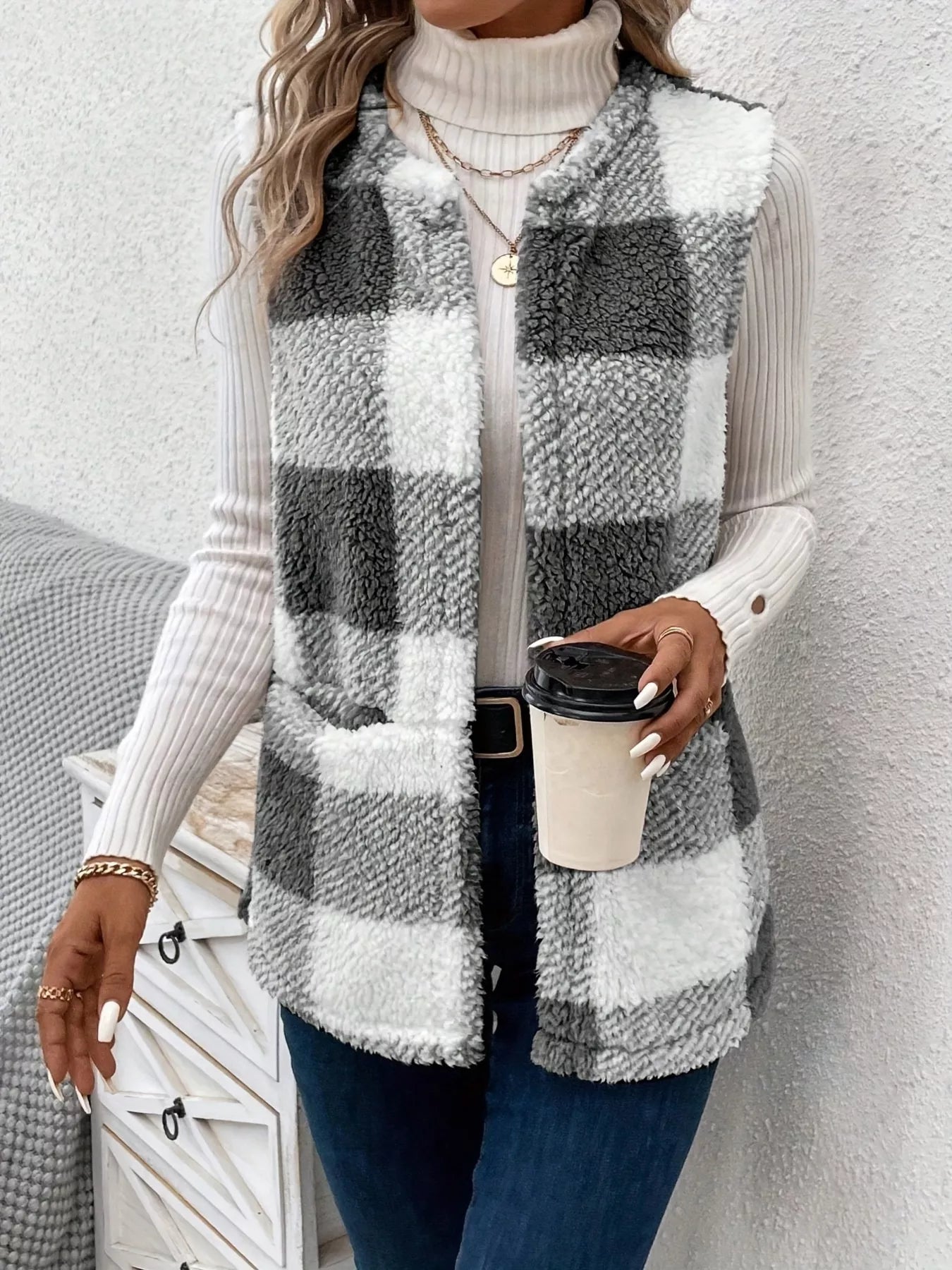 Plaid Sherpa Vest Coat with Pockets Black Easy Apparels