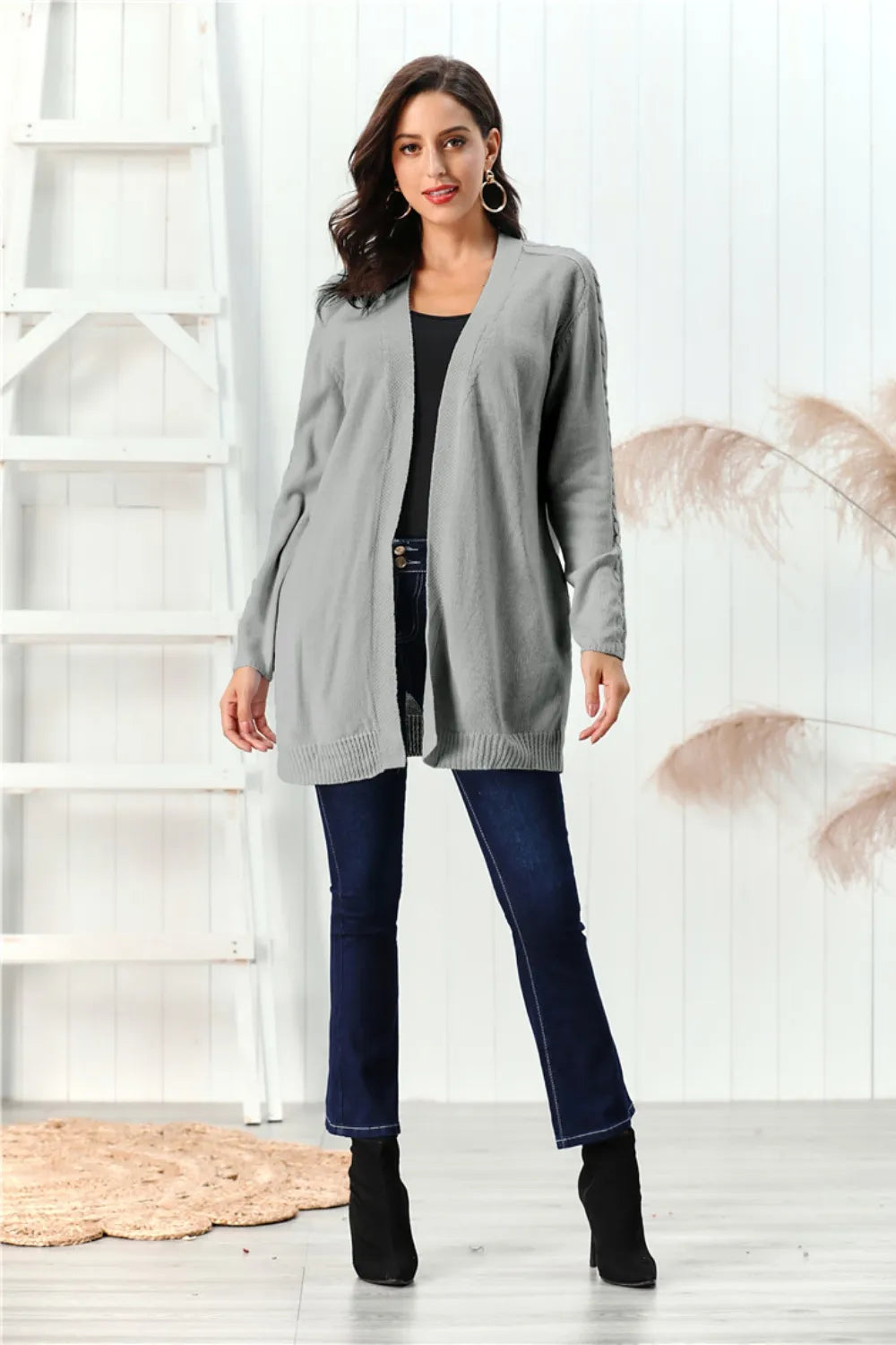Cable-Knit Open Front Long Sleeve Cardigan Easy Apparels
