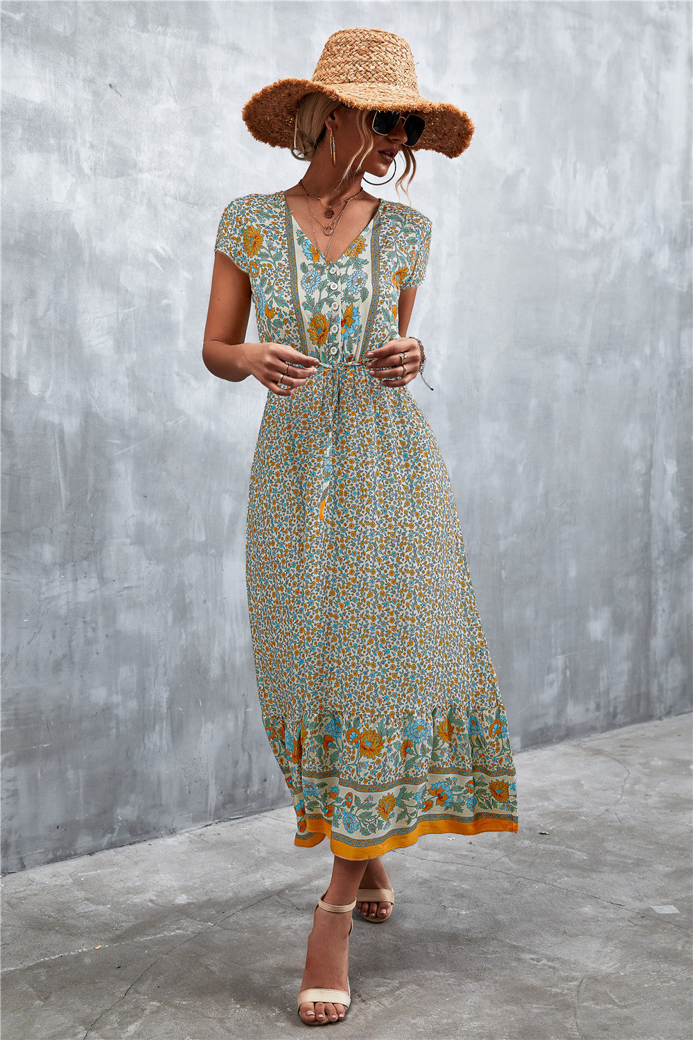 Trendsi V-Neck Short Sleeve Printed Maxi Dress Beige
