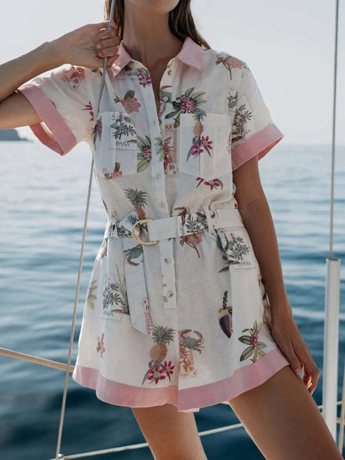 Printed Short Sleeve Romper with Belt Easy Apparels