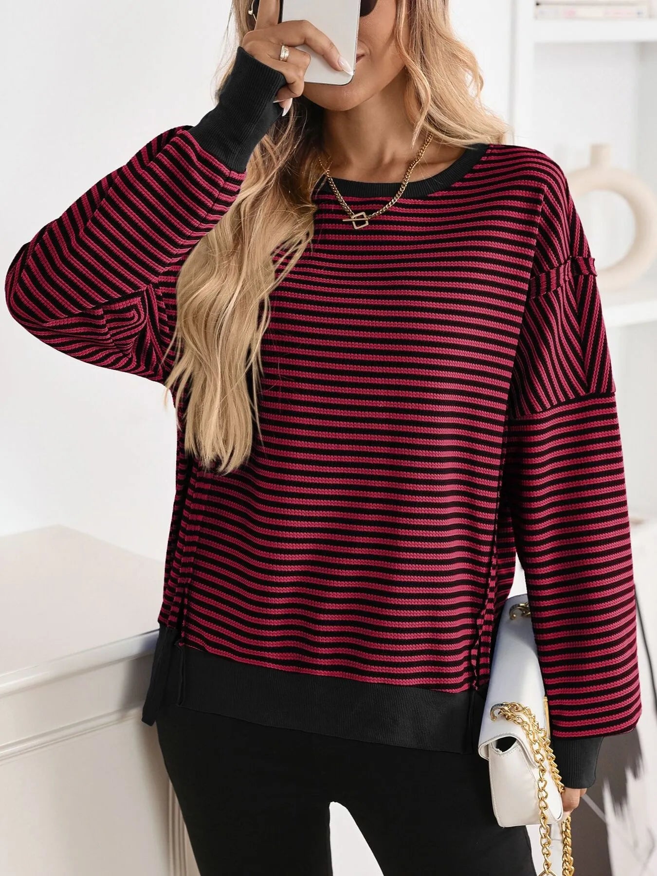 Trendsi Exposed Seam Striped Contrast Sweatshirt
