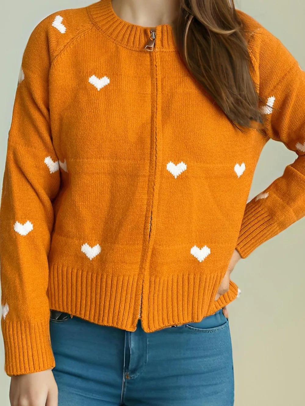 Heart Round Neck Zip Up Cardigan Easy Apparels
